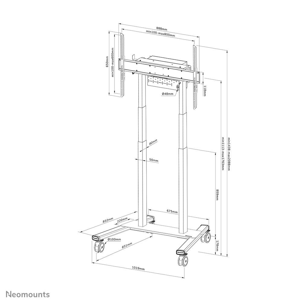 Neomounts motorisierter Bodenständer - 110 kg - 94 cm (37") - 2,54 m (100") - 100 x 100 mm - 800 x 600 mm - 115,2 - 180,2 mm