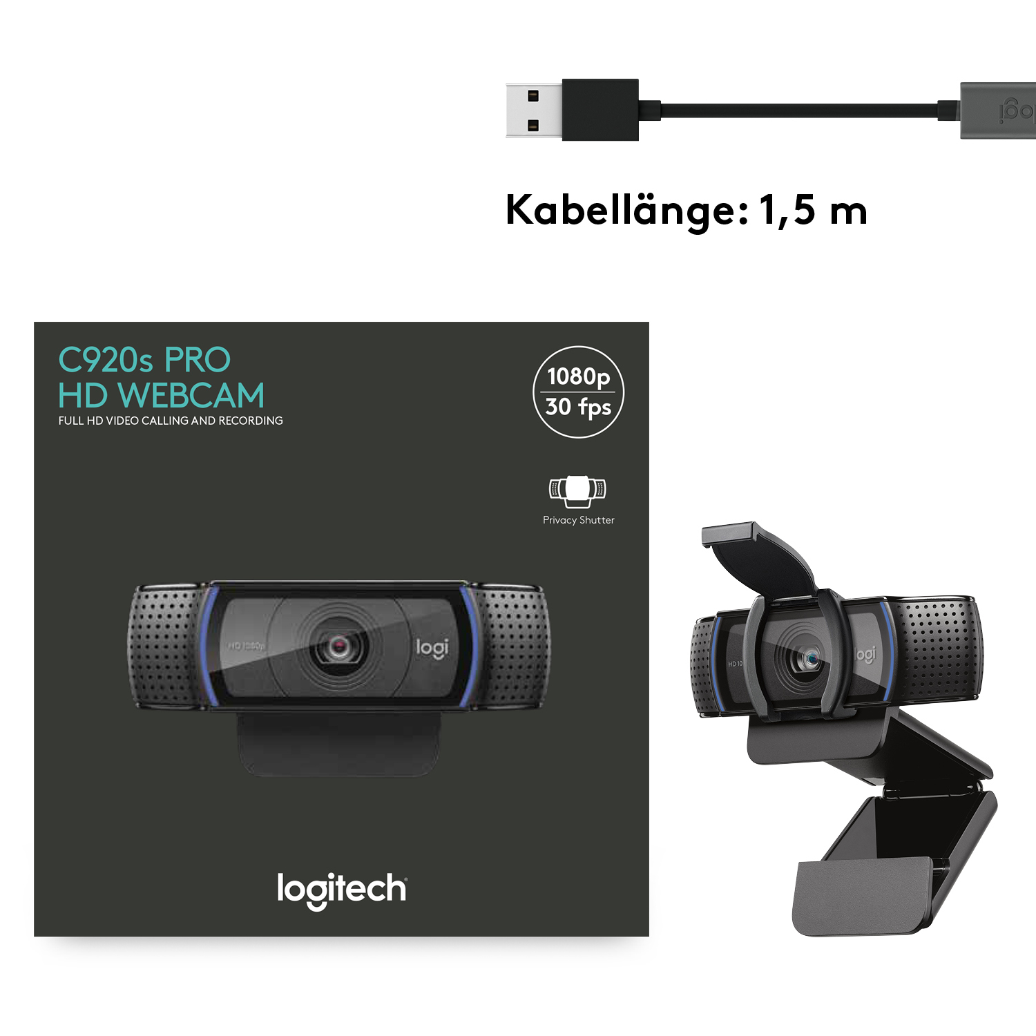 Logitech Kamera C920S Webcam, schwarz