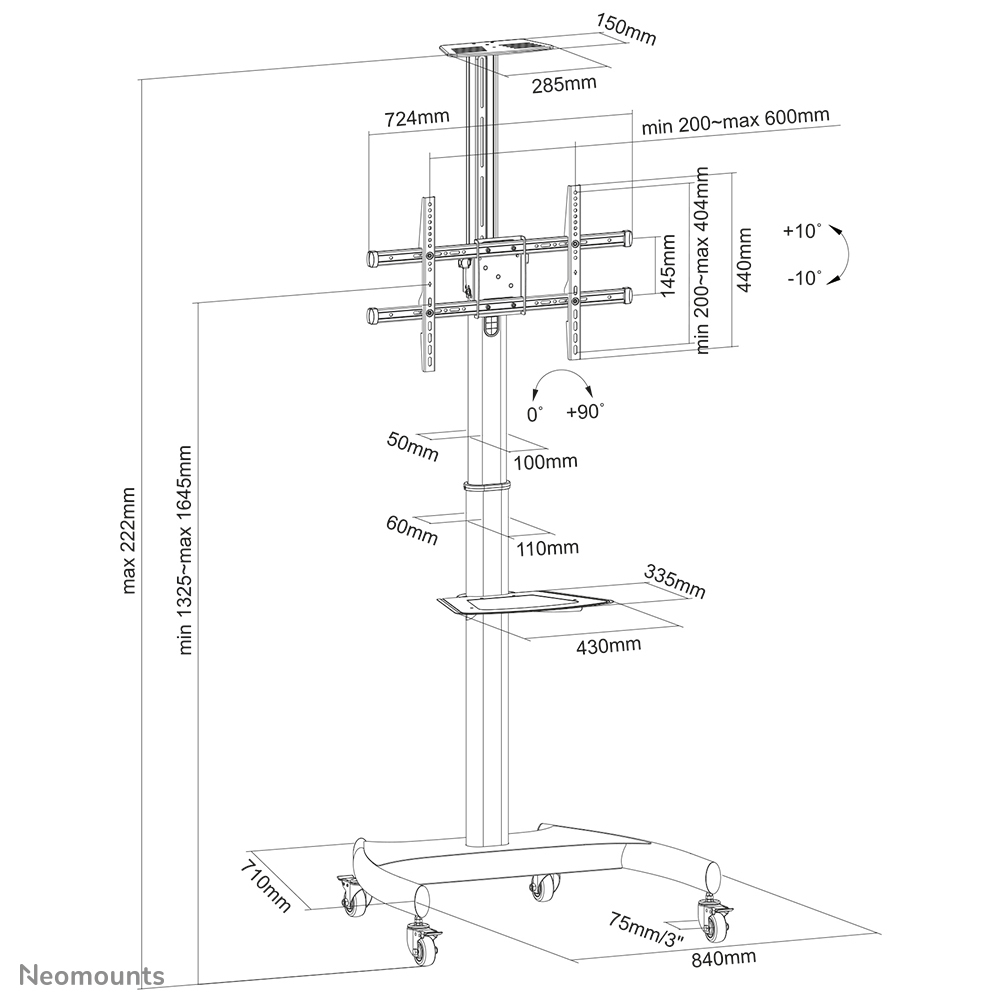 Neomounts Mobiler Flachbild Ständer - 50 kg - 94 cm (37 Zoll) - 177,8 cm (70 Zoll) - 200 x 200 mm - 600 x 400 mm