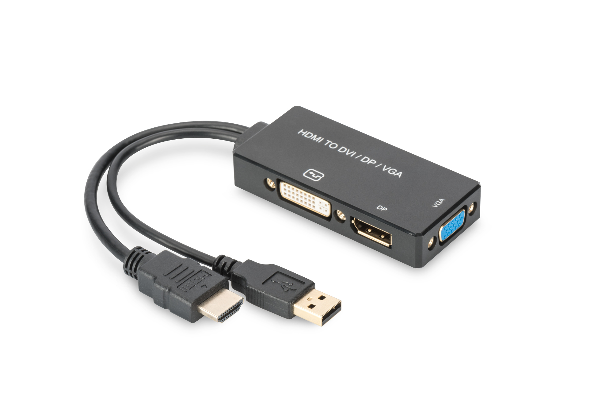 DIGITUS AK-330403-002-S HDMI Konverterkabel, HDMI - DP+DVI+VGA St-Bu/Bu/Bu, 0,2m, 3 in 1 Multimedia