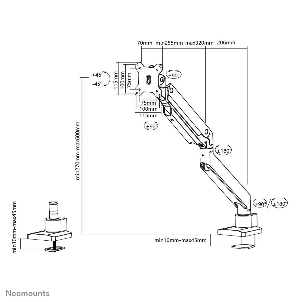 Neomounts Tisch-Monitorarm neigbar, schwenkbar, drehbar (VESA 100x100) NM-D775BLACKPLUS