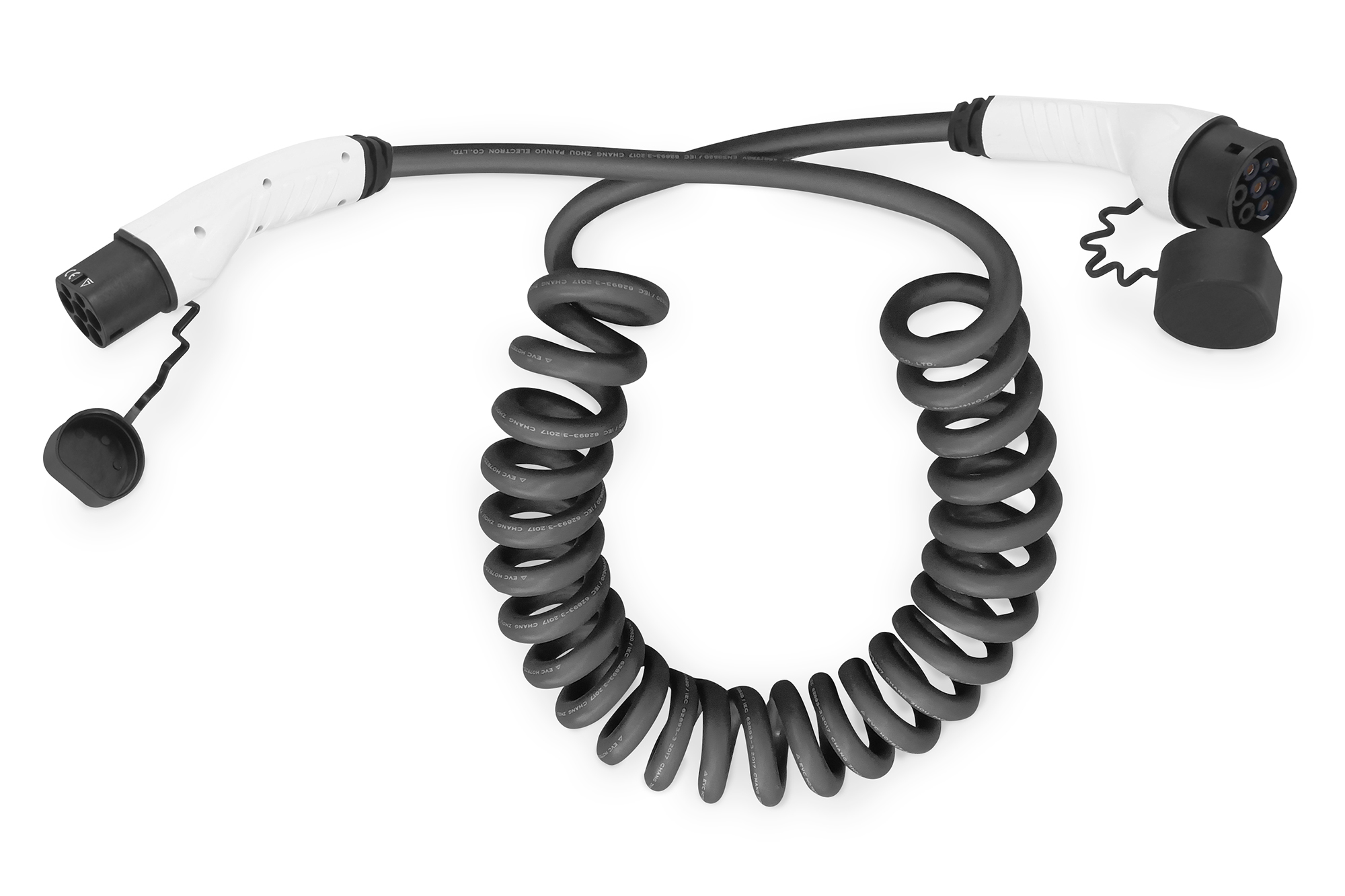 DIGITUS DK-3P32-S-075 KFZ-Spiral-Ladekabel für Elektroautos & PHEV – 7,5 m – Typ 2 – Mode 3 – 3-Phasig – 32 A – 22 kW – Schwarz