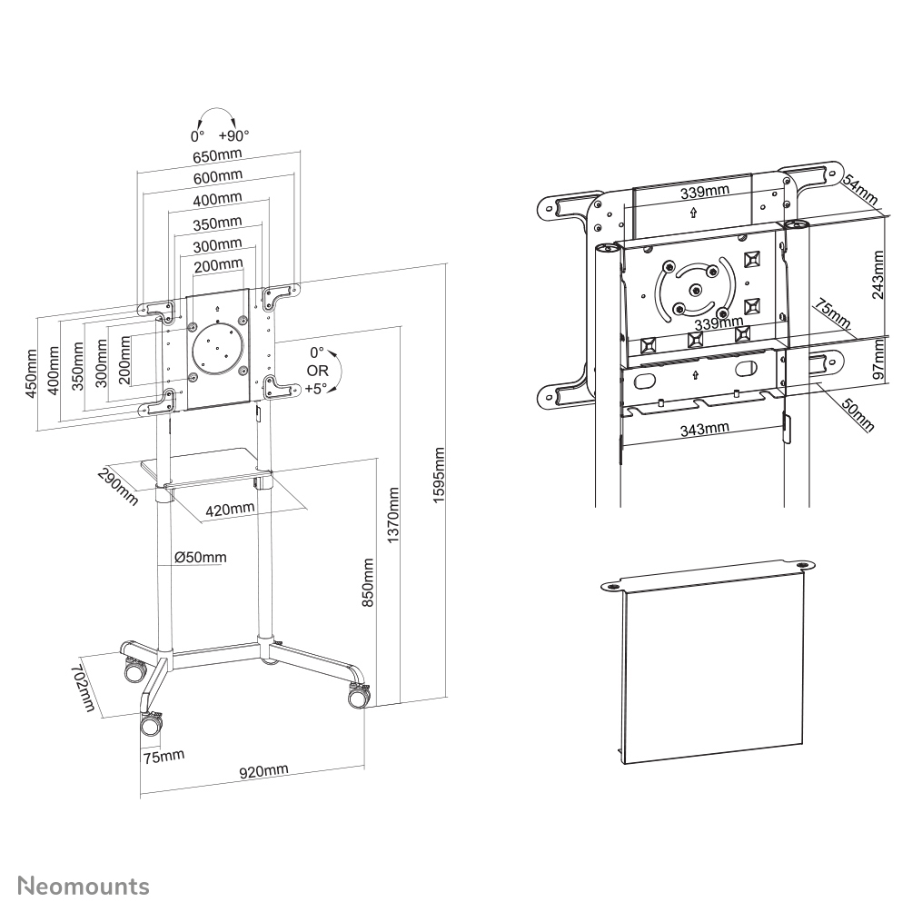 Neomounts Mobiler Flachbild Ständer - 70 kg - 94 cm (37 Zoll) - 177,8 cm (70 Zoll) - 200 x 200 mm - 600 x 400 mm - Schwarz