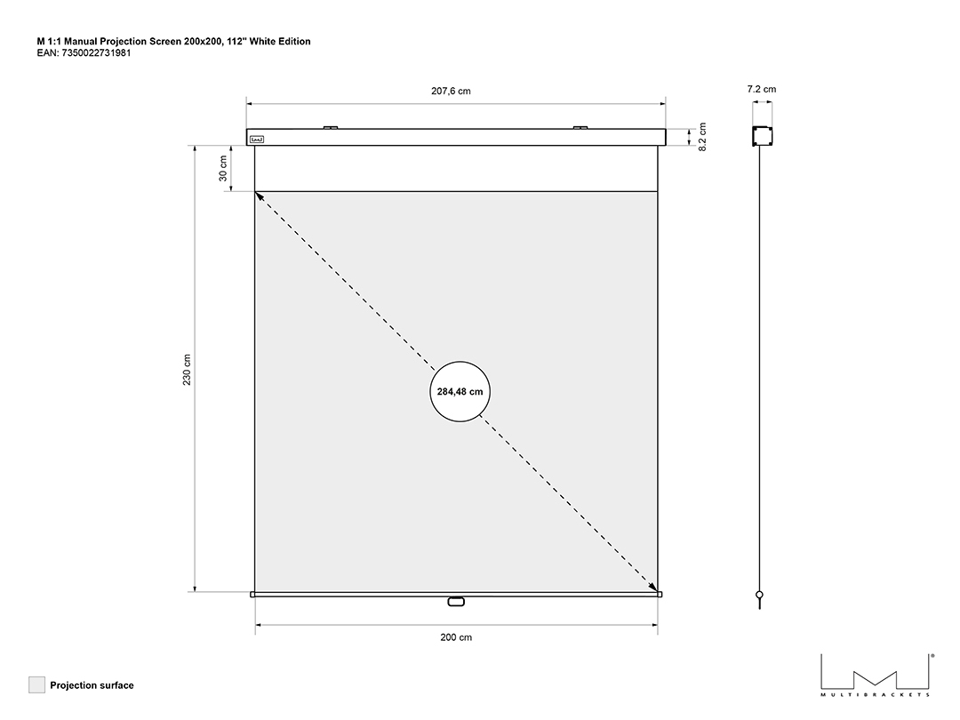 Projektionsbildschirm, manuelle Projektion, Bildschirmabmessungen, Diagonalmessung, graue Oberfläche