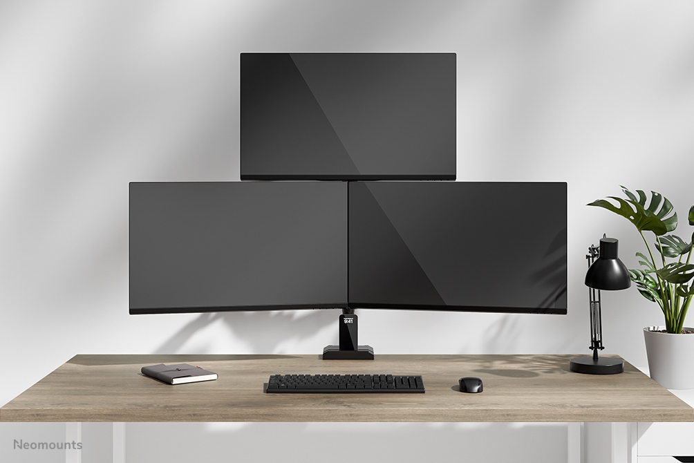 triple-monitor, desktop, monitors, desk, lamp