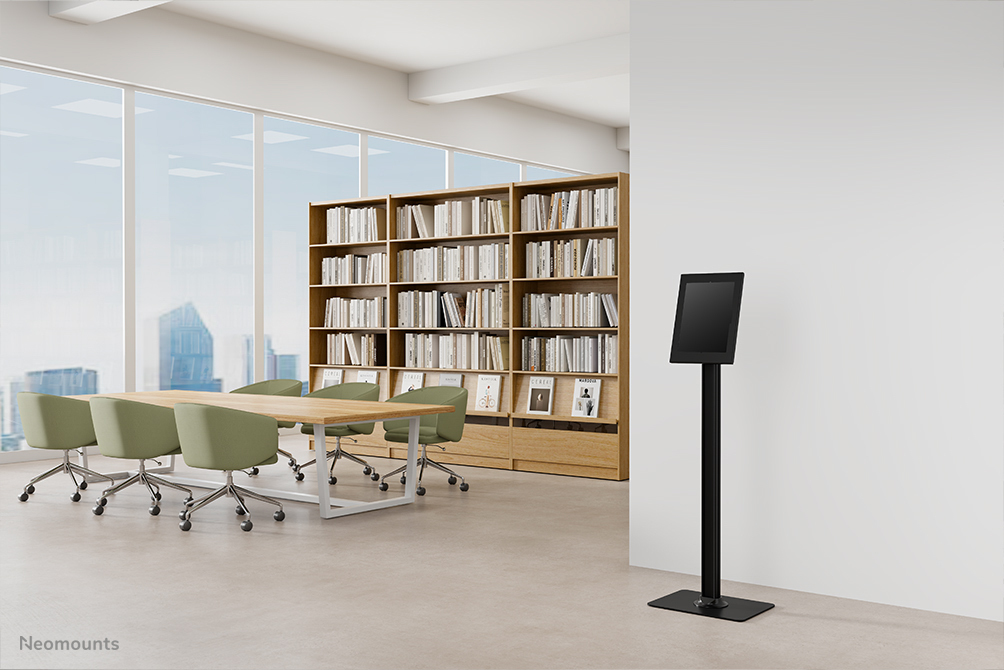 konferenzraum, bücherschrank, tisch, stuhl, digitaler kiosk