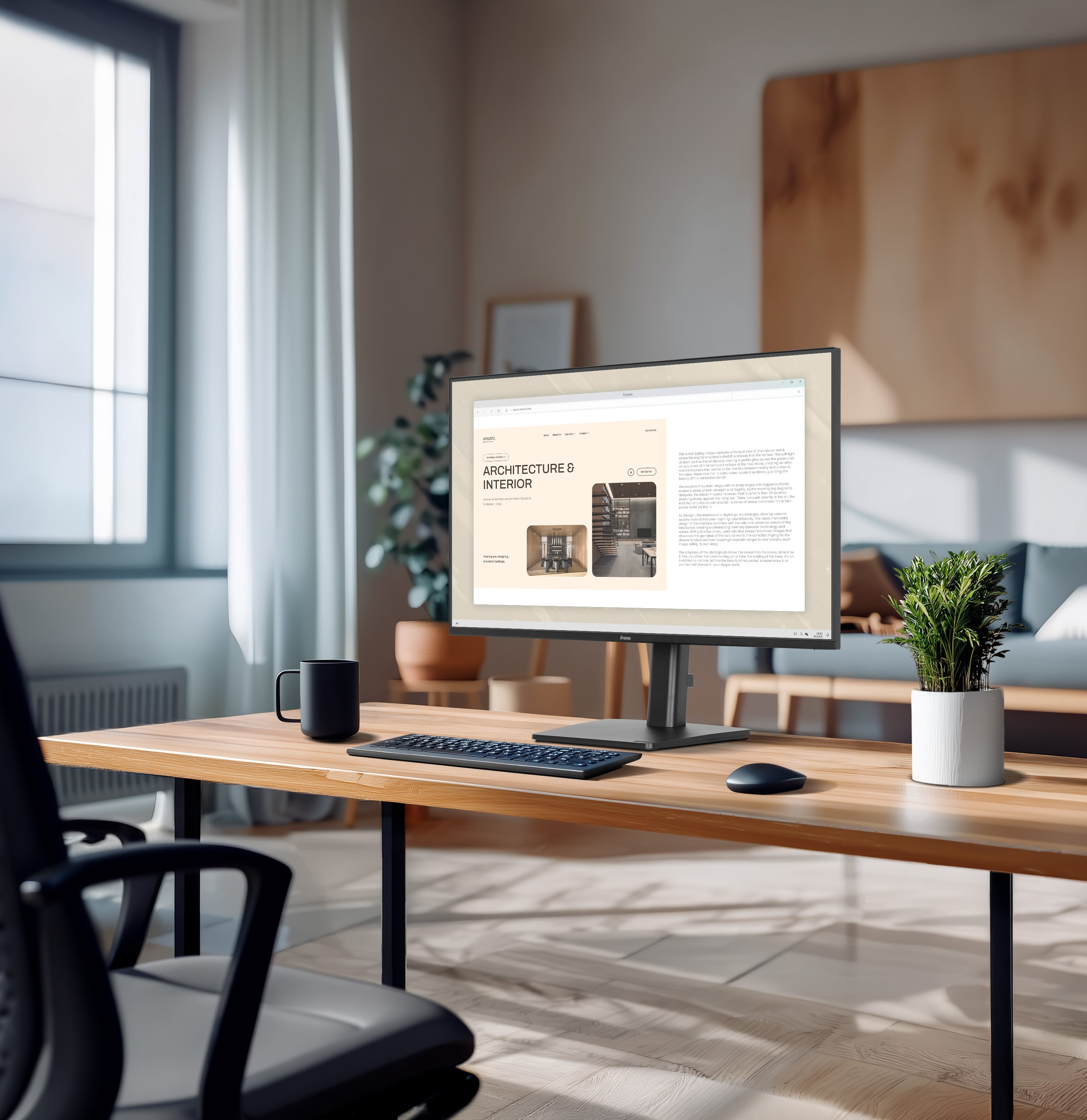 Computerbildschirm, Schreibtisch-Setup, Bürotisch, Tastatur, Pflanze
