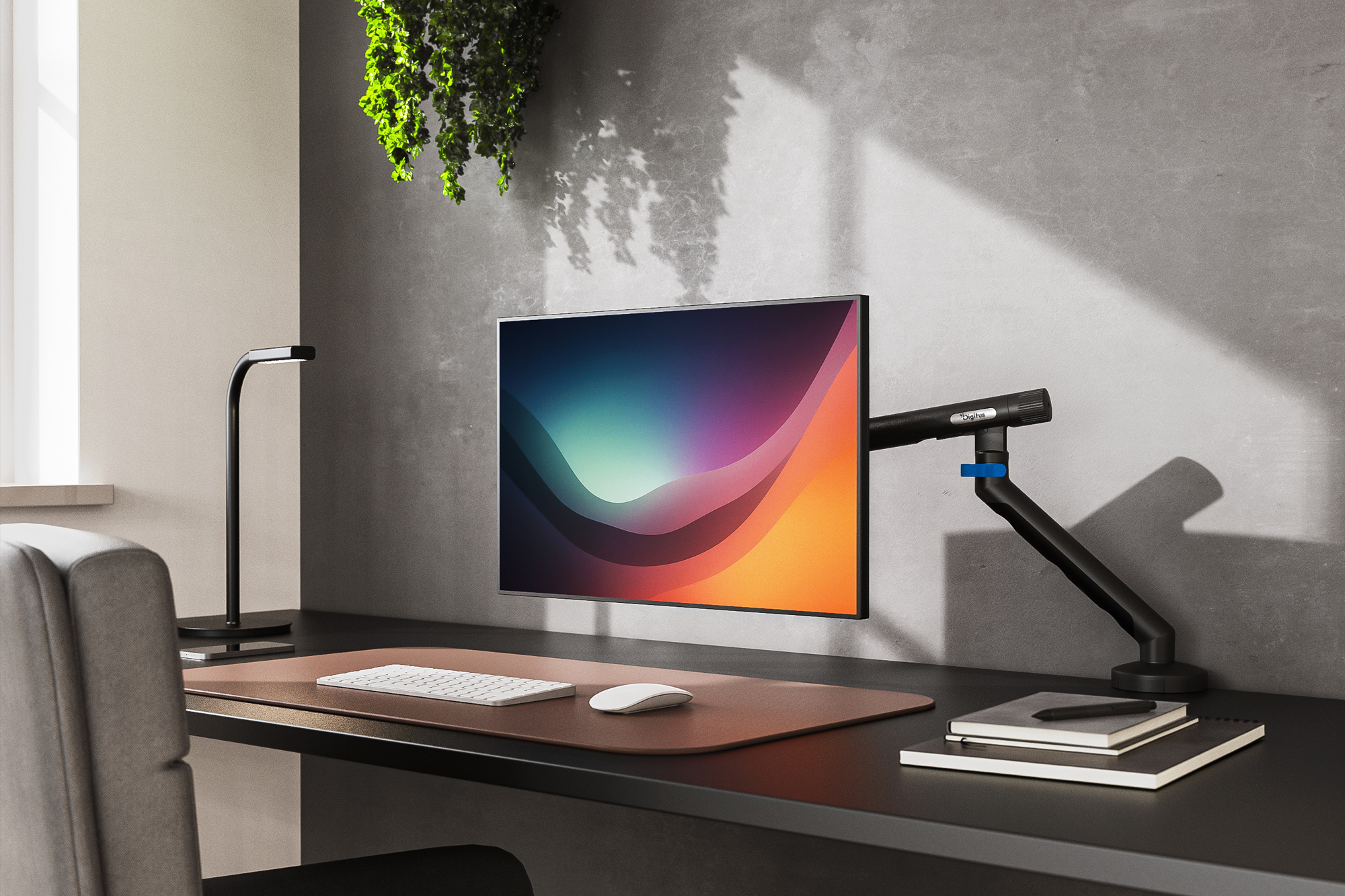 monitor, desk setup, wall mount, keyboard, mouse