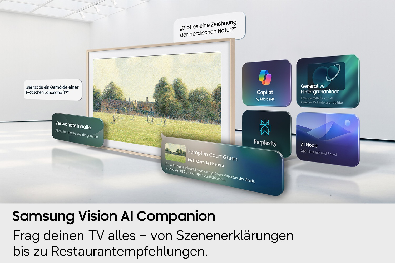 TV Hintergrund, Kunstrahmen, Landschaftsgemälde, Gallerieanzeige, Informationskarten