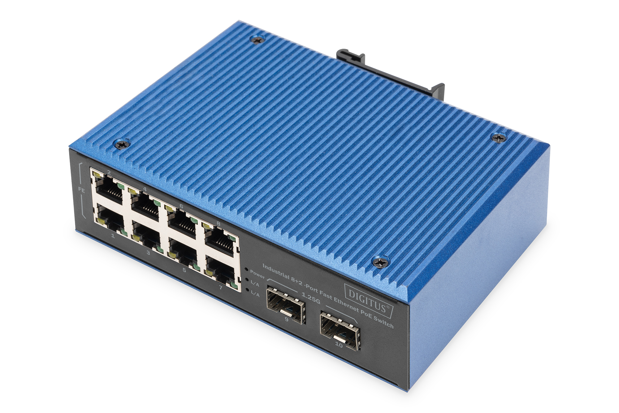 Industrialer POE-Switch, 8-Port Ethernet, RJ45 Ports, Metallgehäuse, blaues Gehäuse