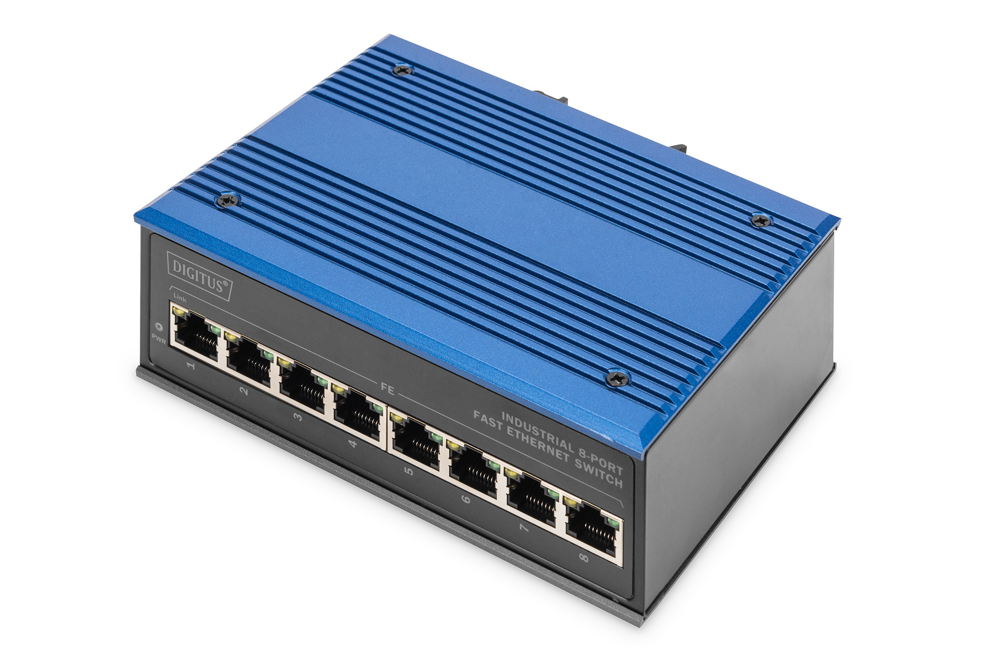 Industrie, Ethernet, Switch, 8-Port, Blaues Aluminium
