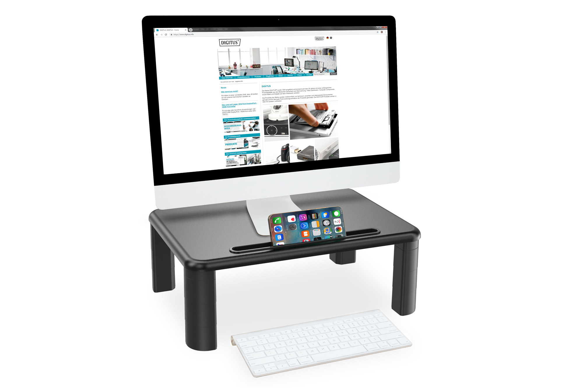 All-in-one desk, Monitor stand, iMac mounted, Tastatur, Smartphone Dock
