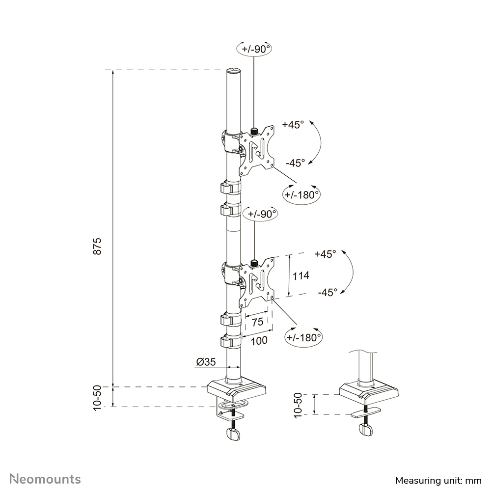 monitor arm, montage-stange, verstellbare gelenke, klemmfuß, messdiagramm