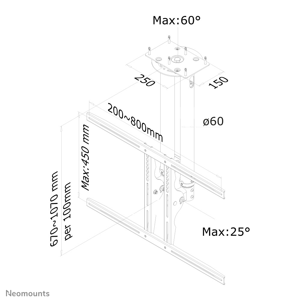 Neomounts Monitor-Deckenhalterung - 50 kg - 94 cm (37 Zoll) - 190,5 cm (75 Zoll) - 200 x 200 mm - 800 x 450 mm - 670 - 1070 mm
