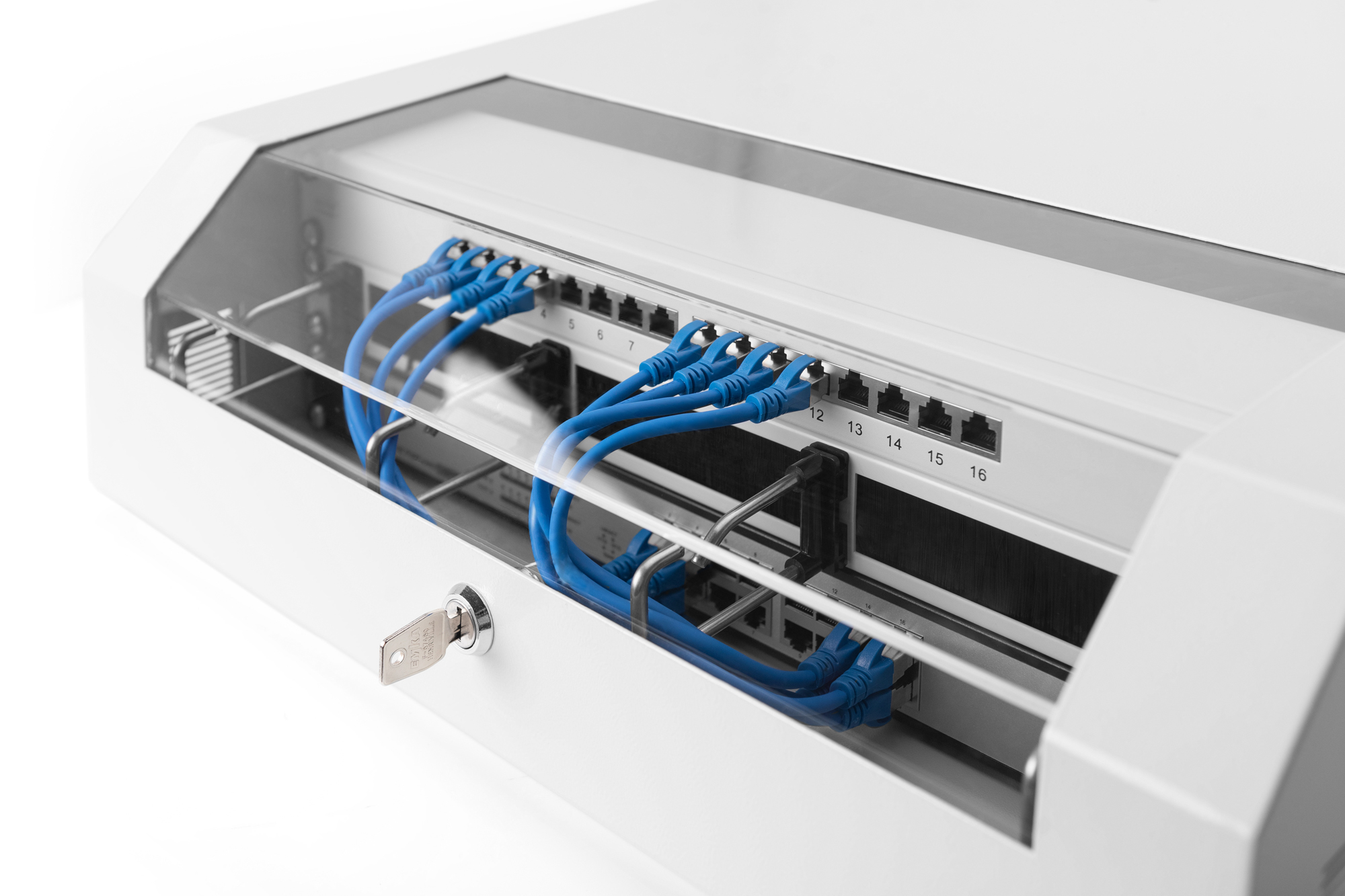 Netzwerk-Switch, Ethernet-Patchpanel, blaue Kabel, RJ-45, verriegeltes Gehäuse