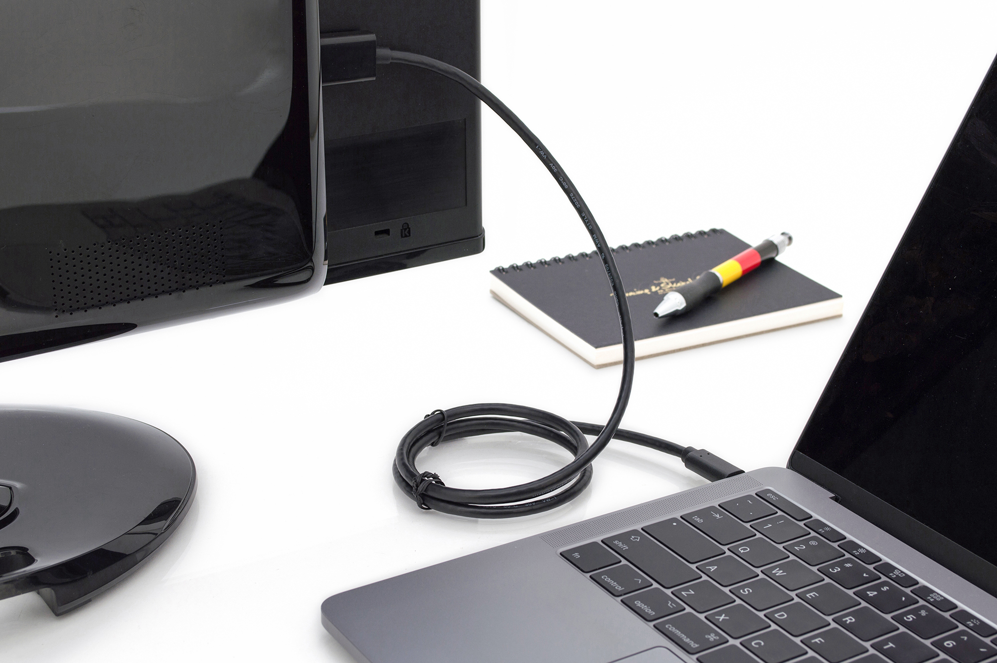 externes_monitor, USB-kabel, Laptop, Notizbuch, Stift