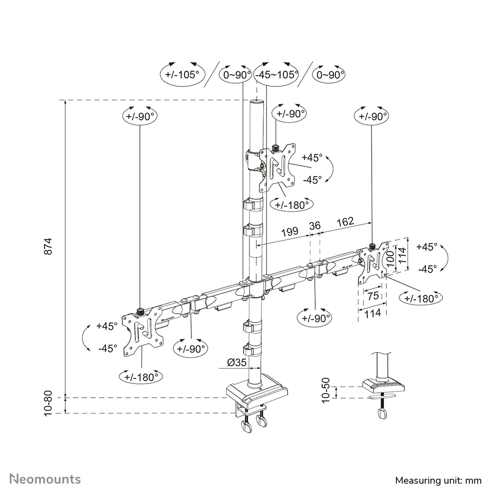 Monitorarm, Raschenausleger, Verstellbare Gelenke, Maßeinheit mm, Montageplan