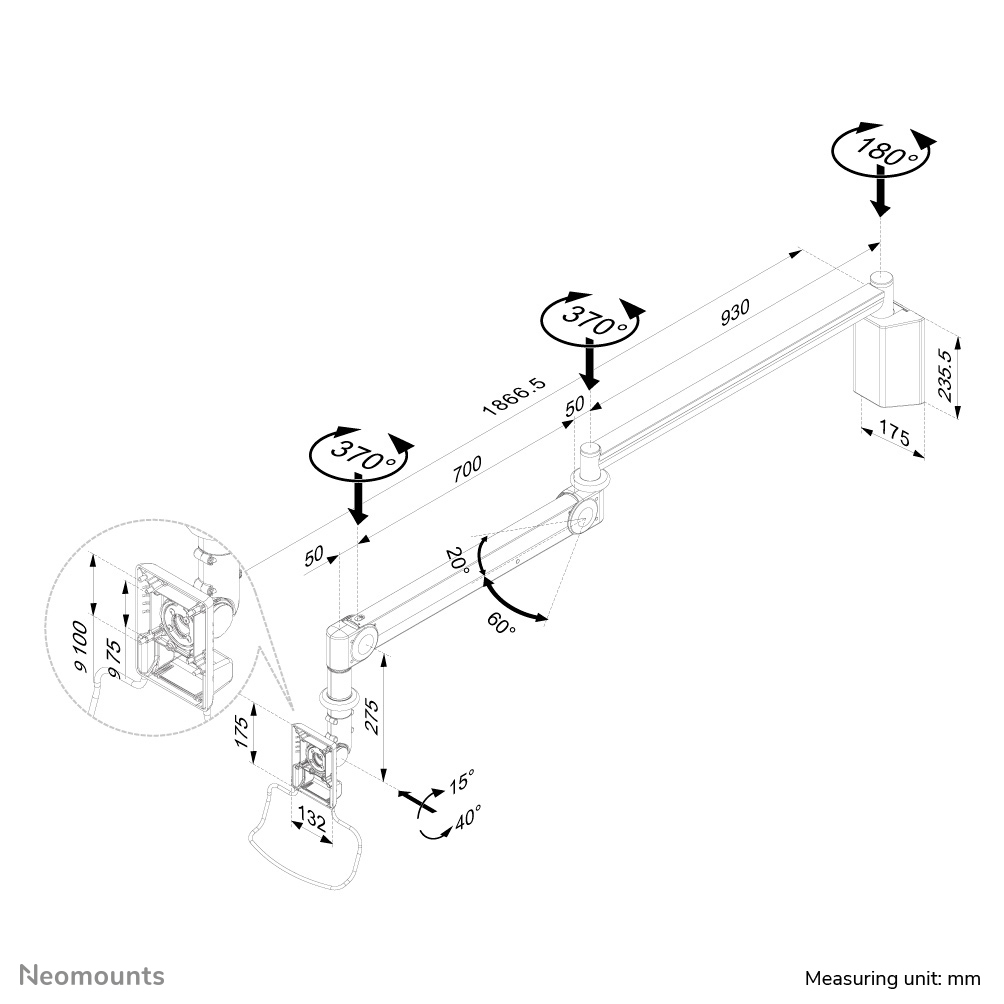Neomounts Medizinische Wandhalterung - 6 kg - 25,4 cm (10 Zoll) - 61 cm (24 Zoll) - 100 x 100 mm - Höhenverstellung - Weiß