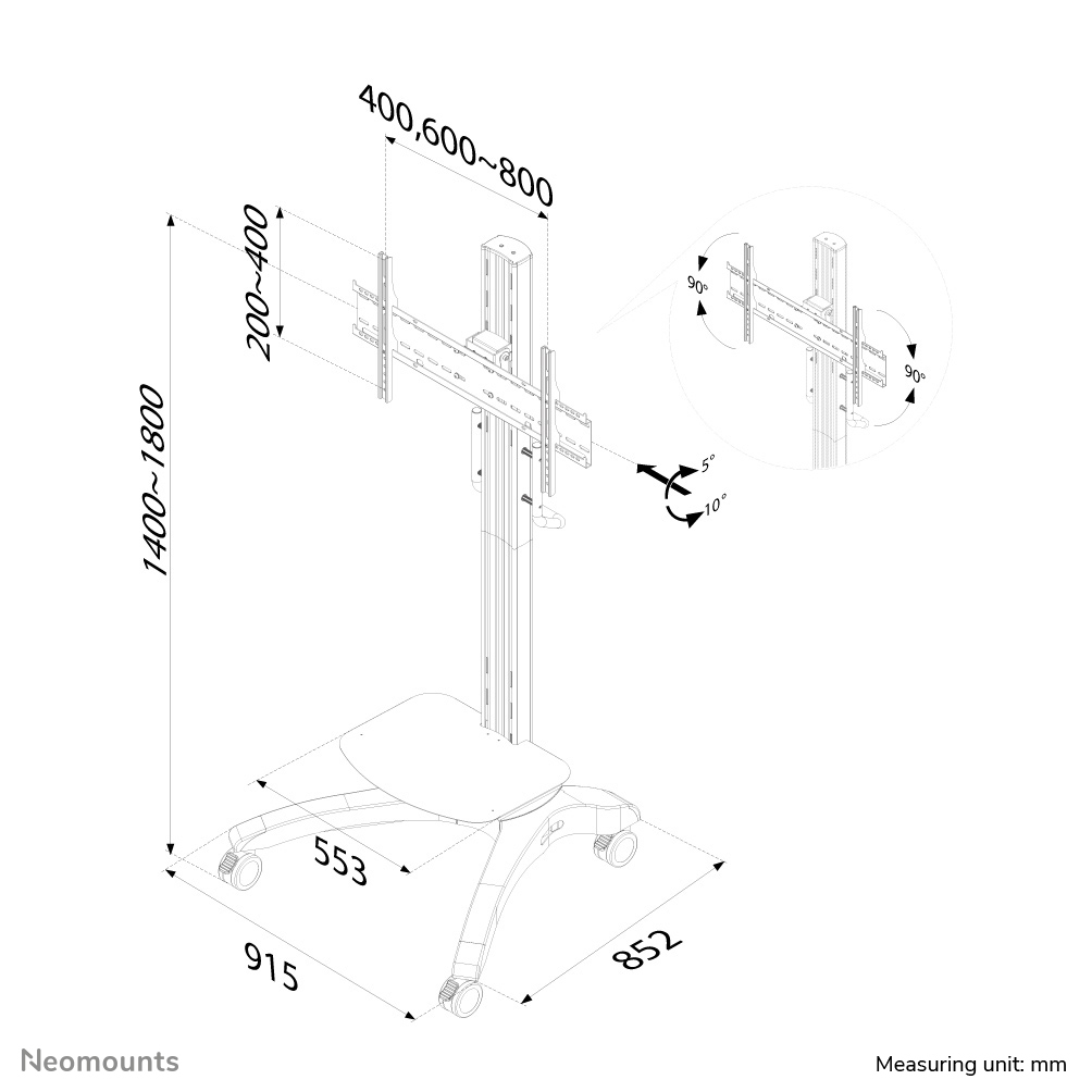 Neomounts Mobiler Flachbild Ständer - 100 kg - 94 cm (37 Zoll) - 2,16 m (85 Zoll) - 200 x 200 mm - 800 x 400 mm - 1400 - 1800 mm