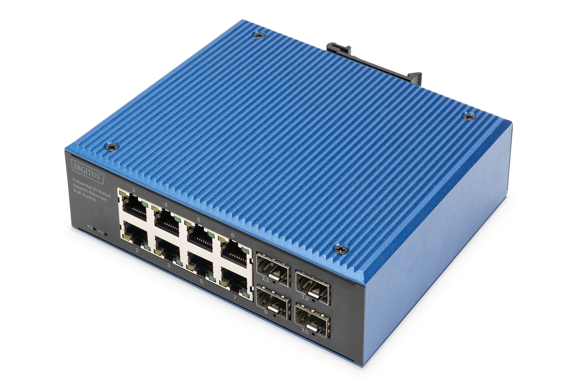 Industrie-Switch, Ethernet-Switch, 12-Port, blauer Metallgehäuse, rackfähig