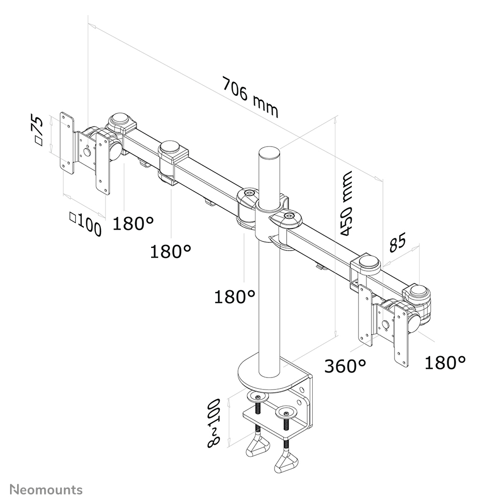 Neomounts Monitor-Tischhalterung - Klemme - 8 kg - 25,4 cm (10") - 68,6 cm (27") - 100 x 100 mm - Schwarz