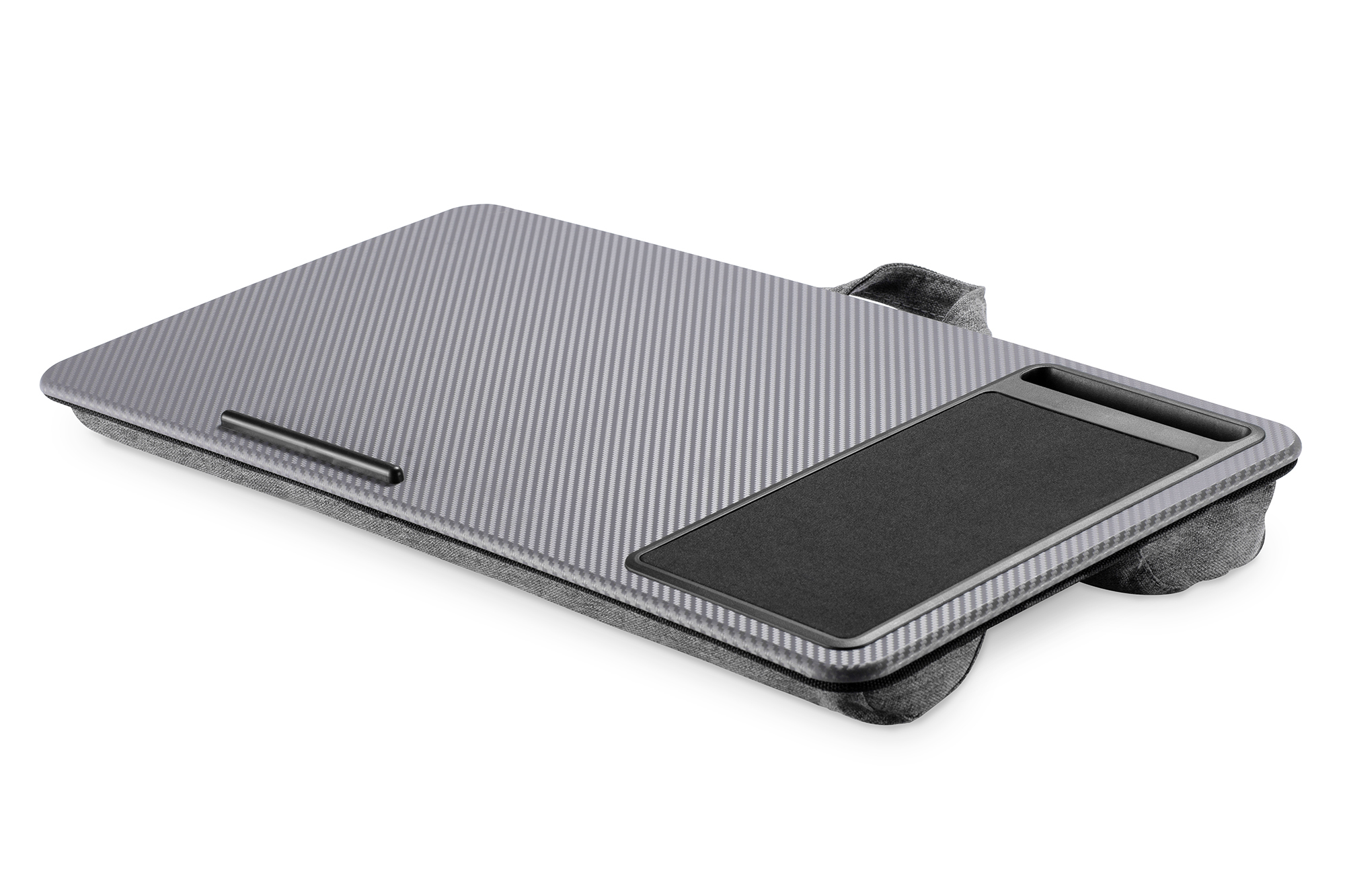 tablet stand, folding case, carbon fiber, grip pad, sleek gray