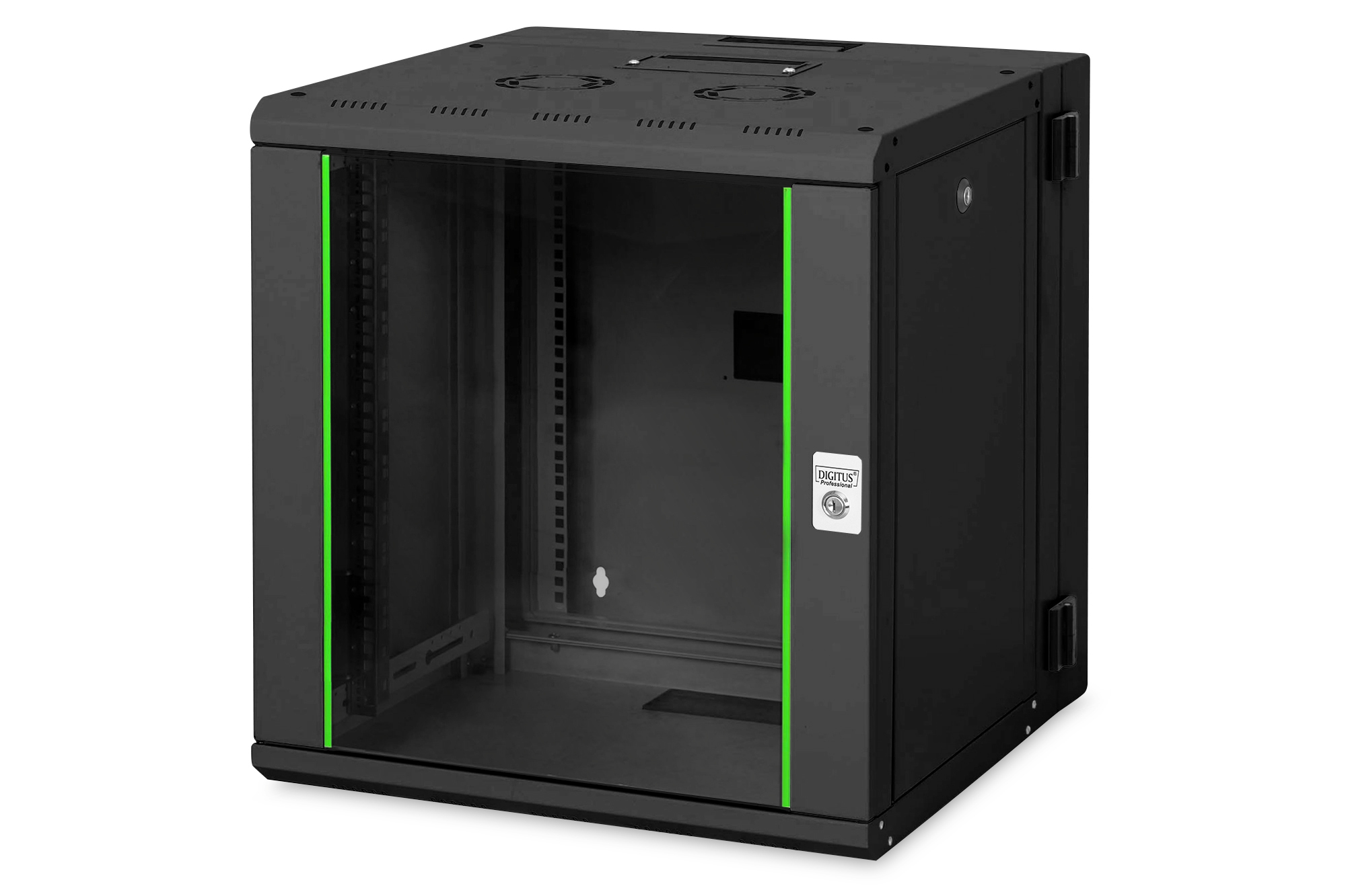 Serverrack, 2U, Glasfront, Schwarz, LED-Grün