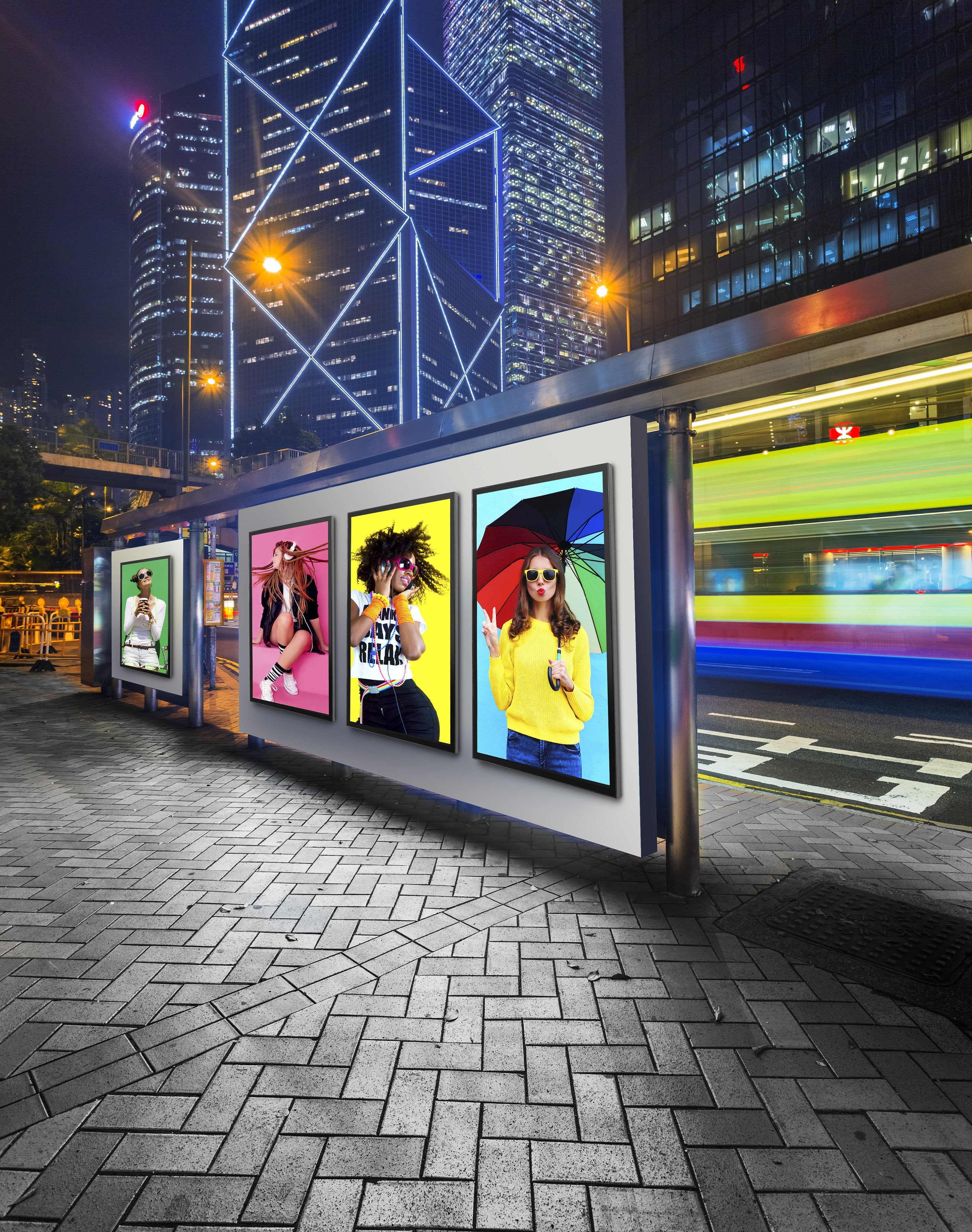 posterrahmen, städtische straße, nachtaufnahme, mode posters, werbetafel display