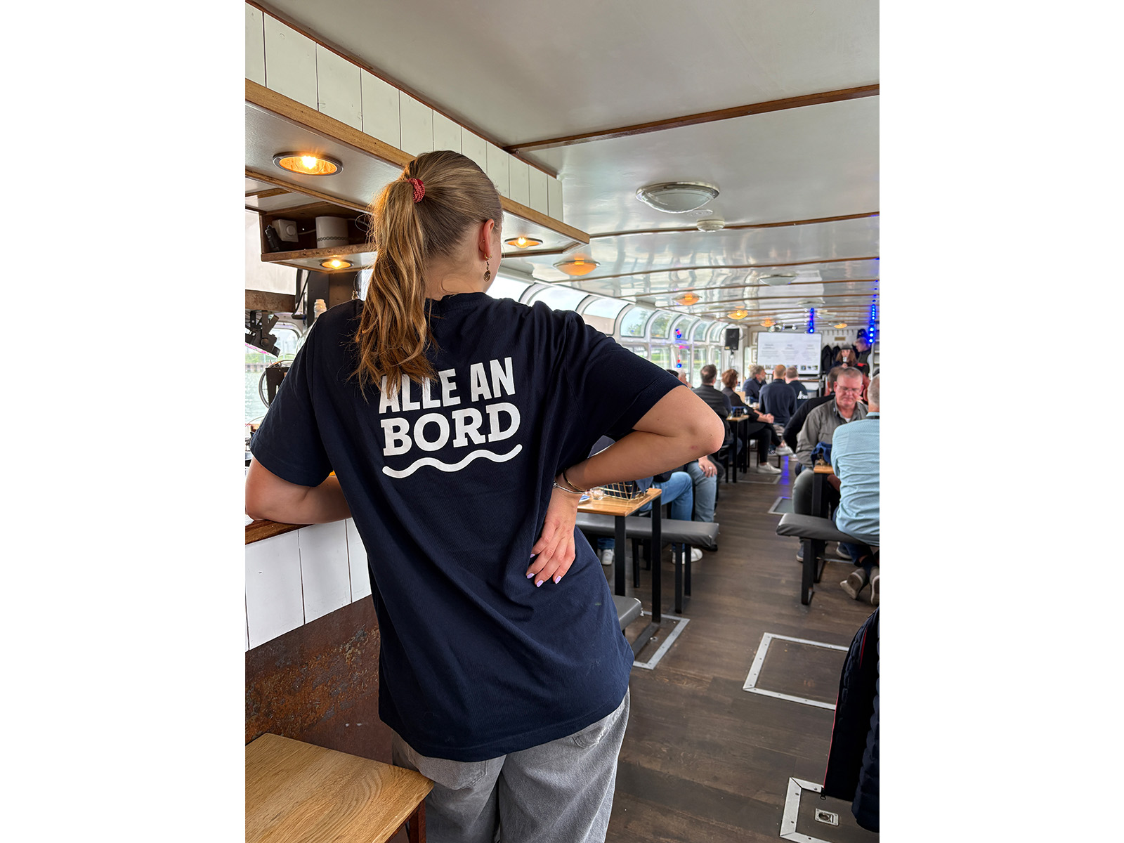 T-Shirt, Navy, Crew Neck, Grafiktext, Aller Bord