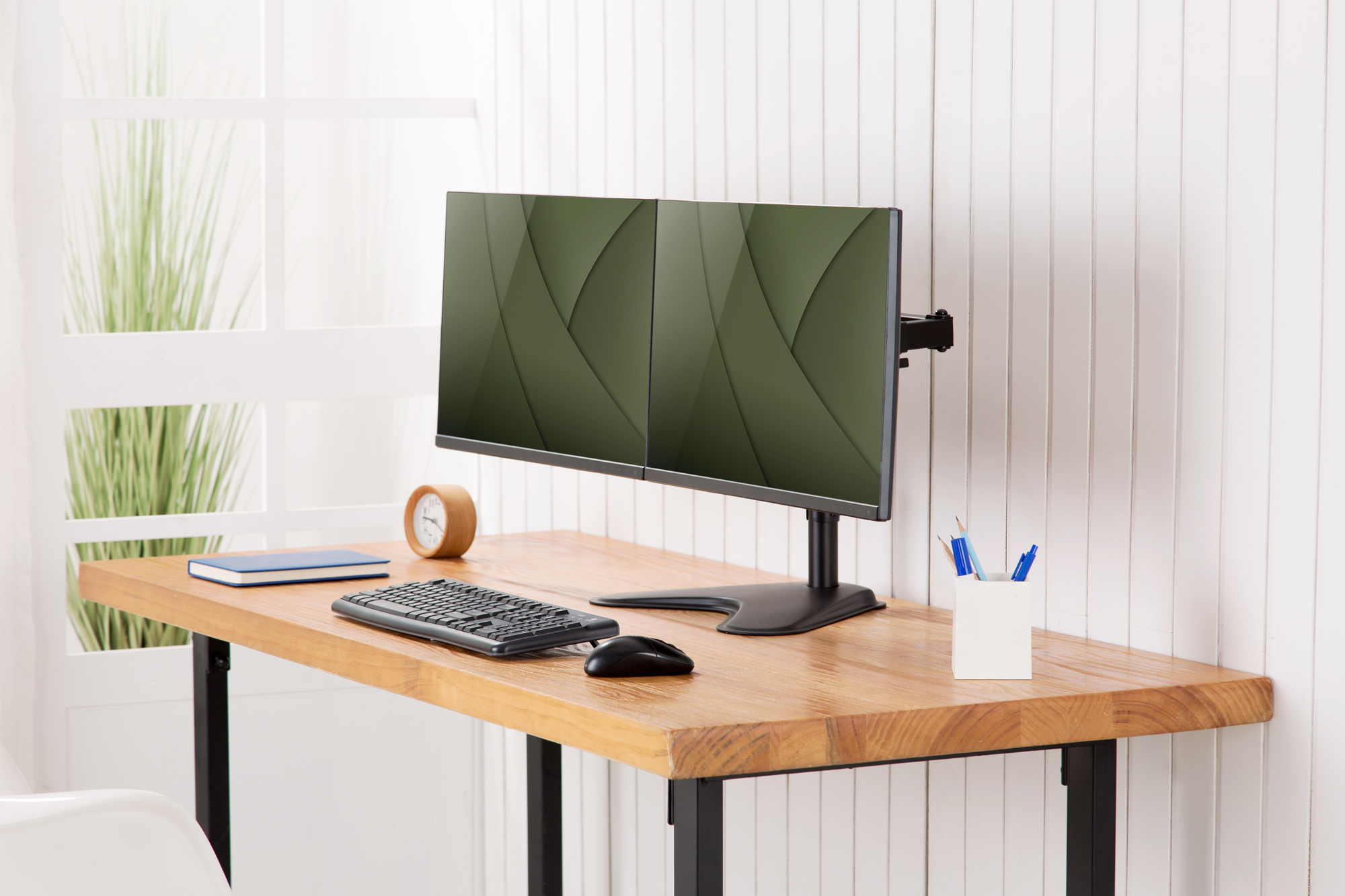 monitor, dual display, desk setup, ergonomischer stand, Holztisch