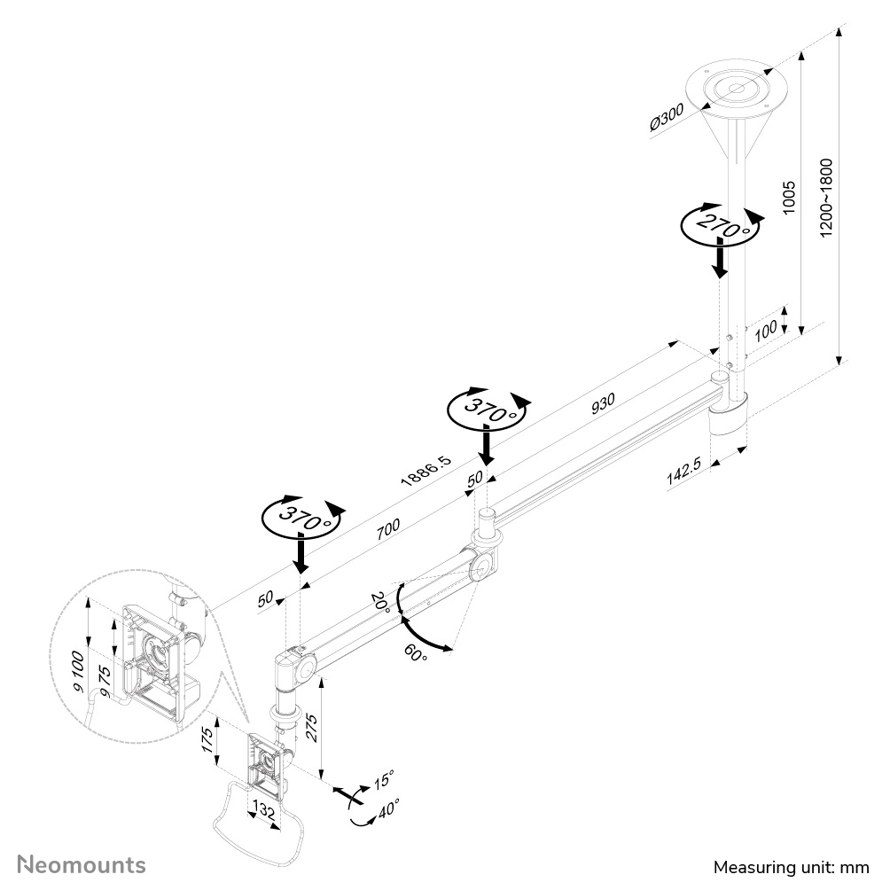 Neomounts Medizinische Deckenhalterung - 12 kg - 25,4 cm (10 Zoll) - 81,3 cm (32 Zoll) - 100 x 100 mm - Höhenverstellung - Weiß