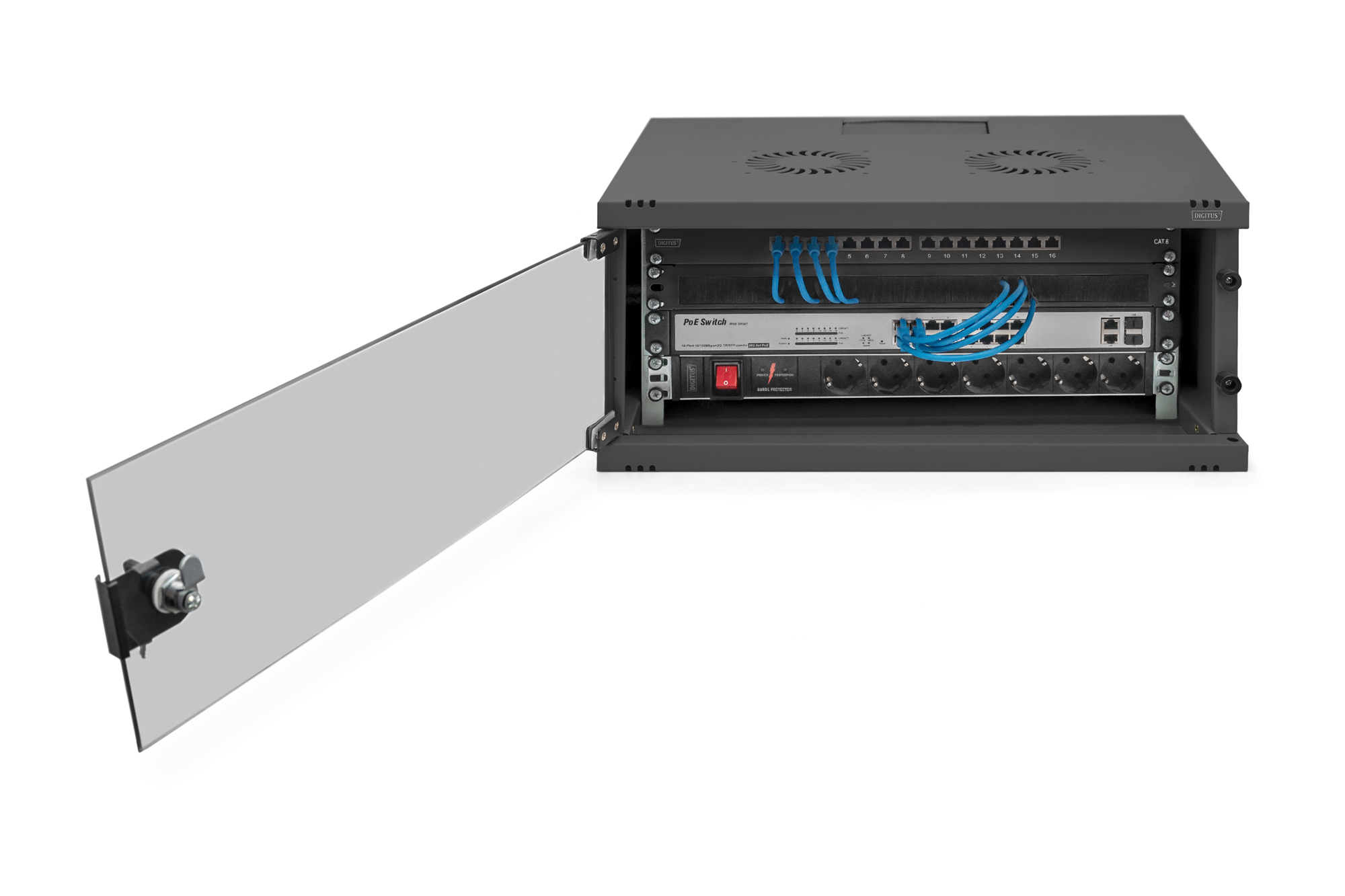 Rackmount, PoE-Switch, Netzwerk-Switch, Rackmount-Gehäuse, Blaue Kabel