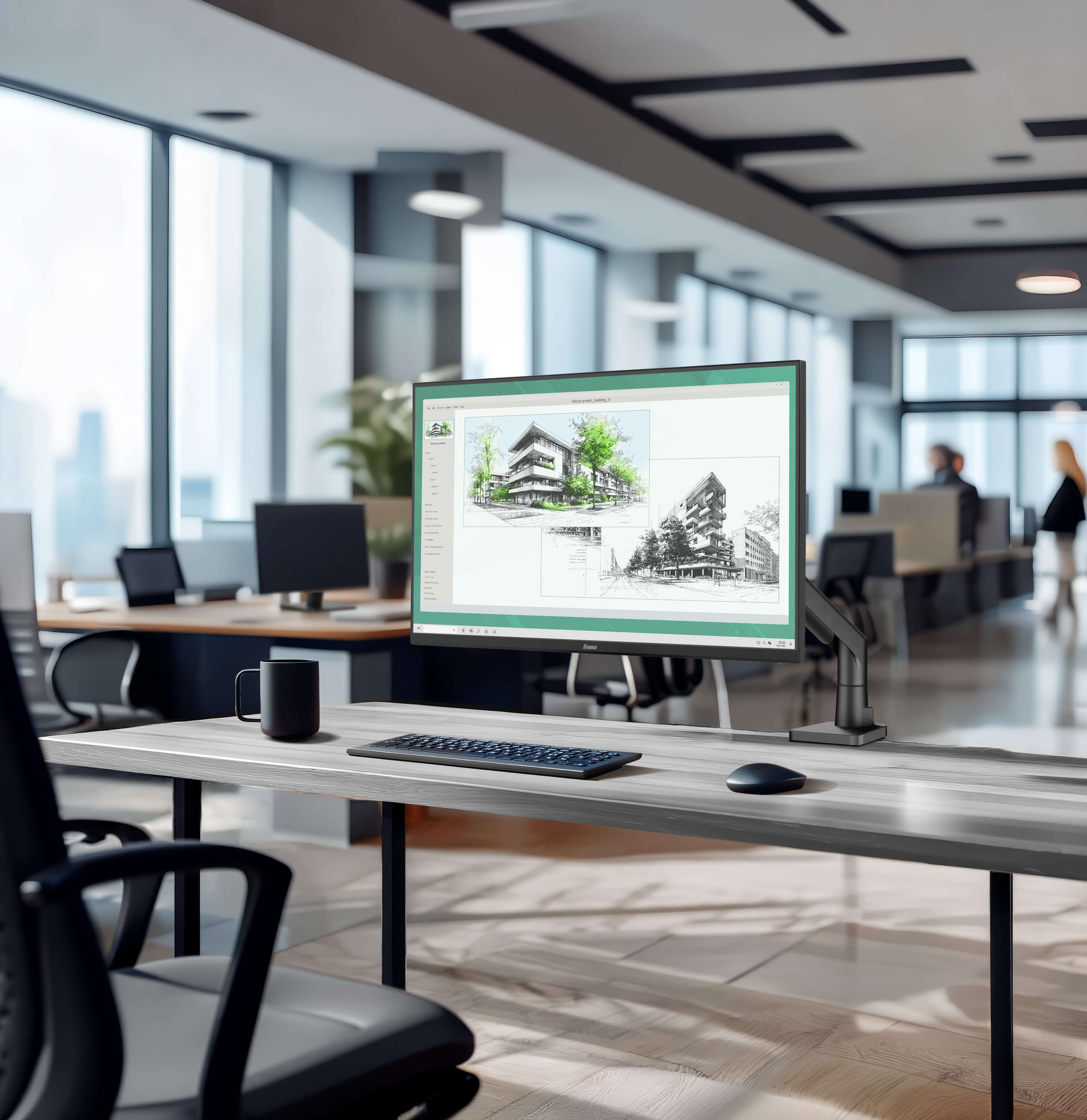 monitor, desk, computer, office, architectural drawing