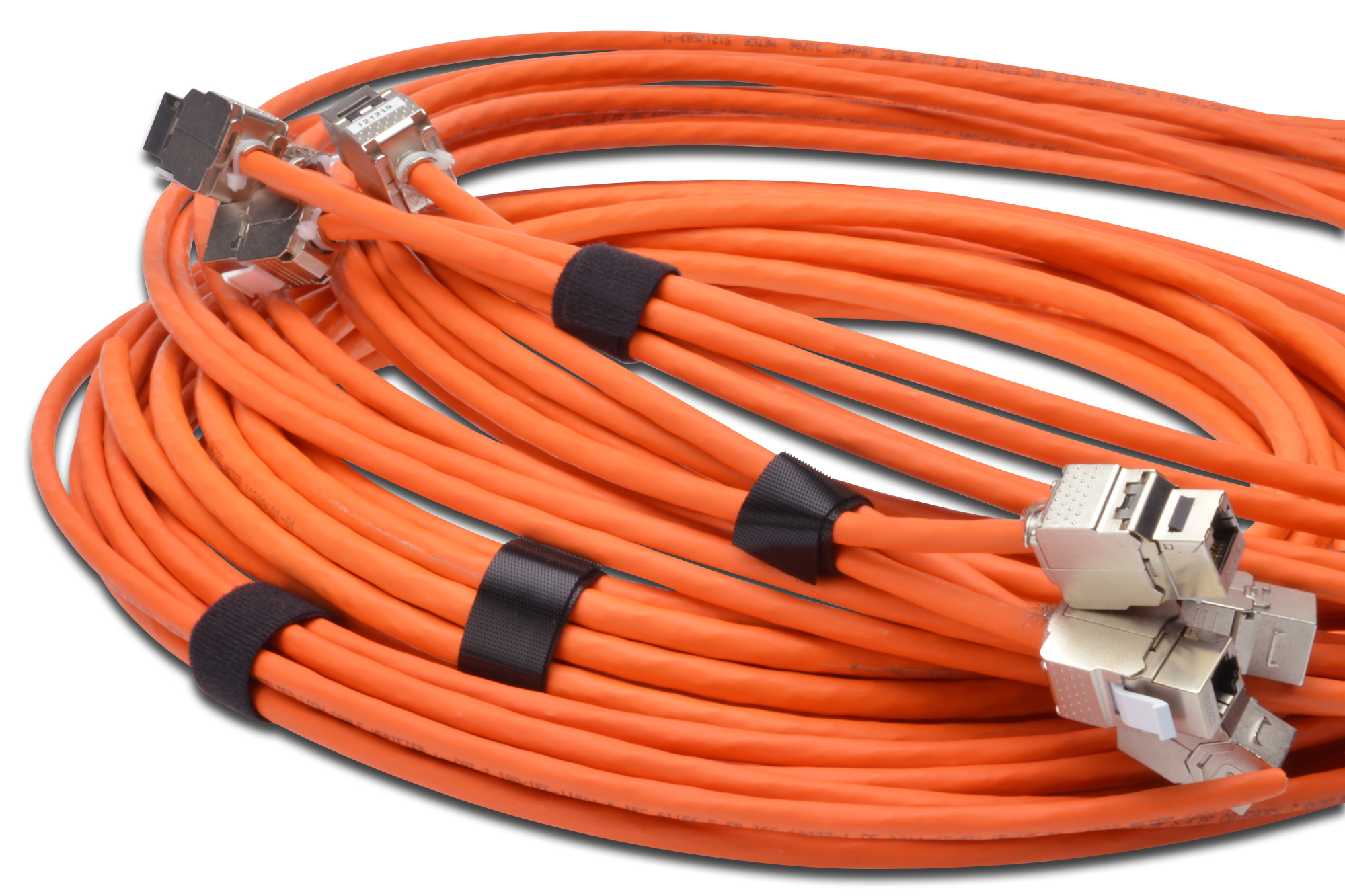 orange cable, ethernet cable, cat5e,  RJ45 connector, bundle coil