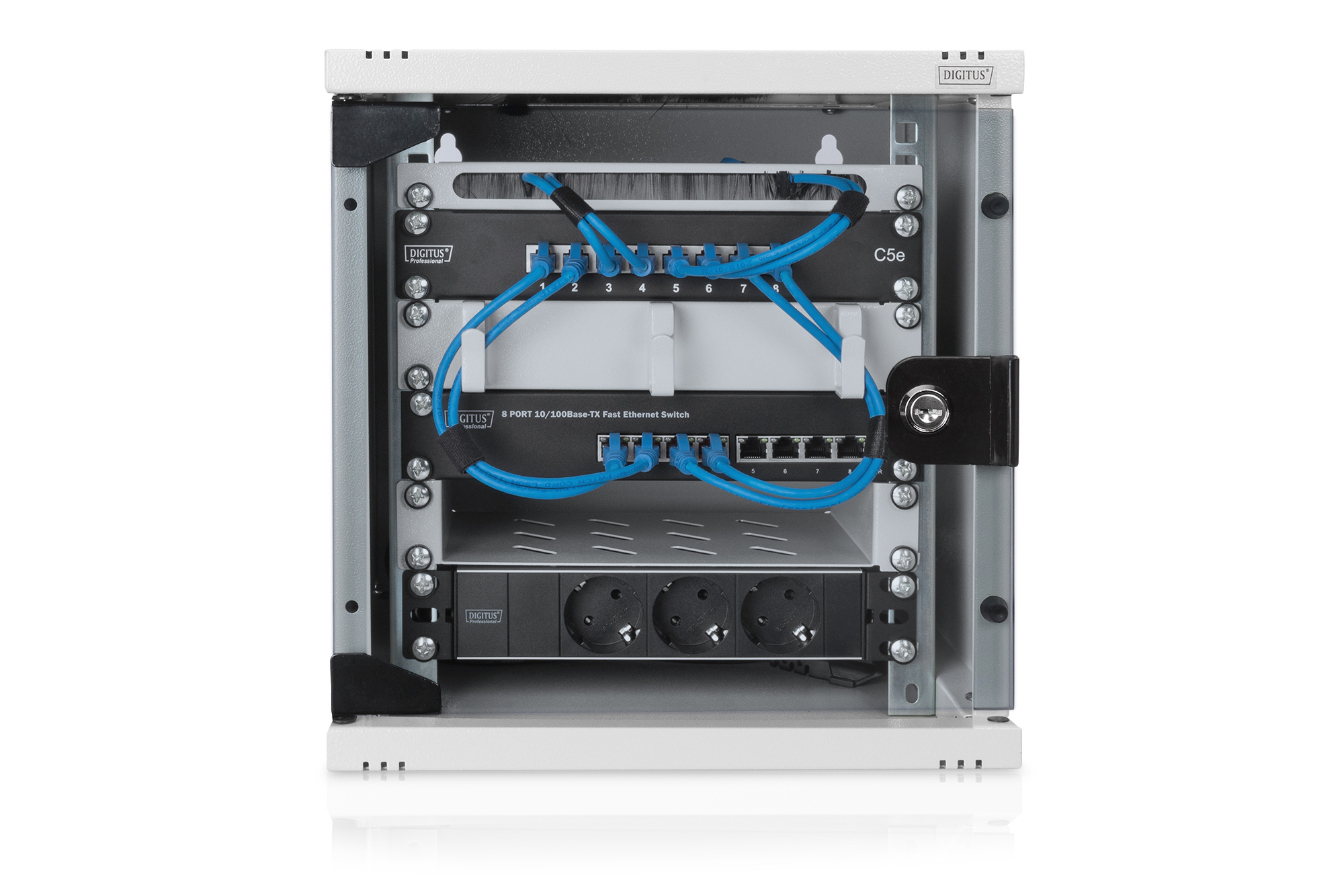 Rack, Servergerät, Netzwerk-Switch, Kabelmanagement, blaue Kabel