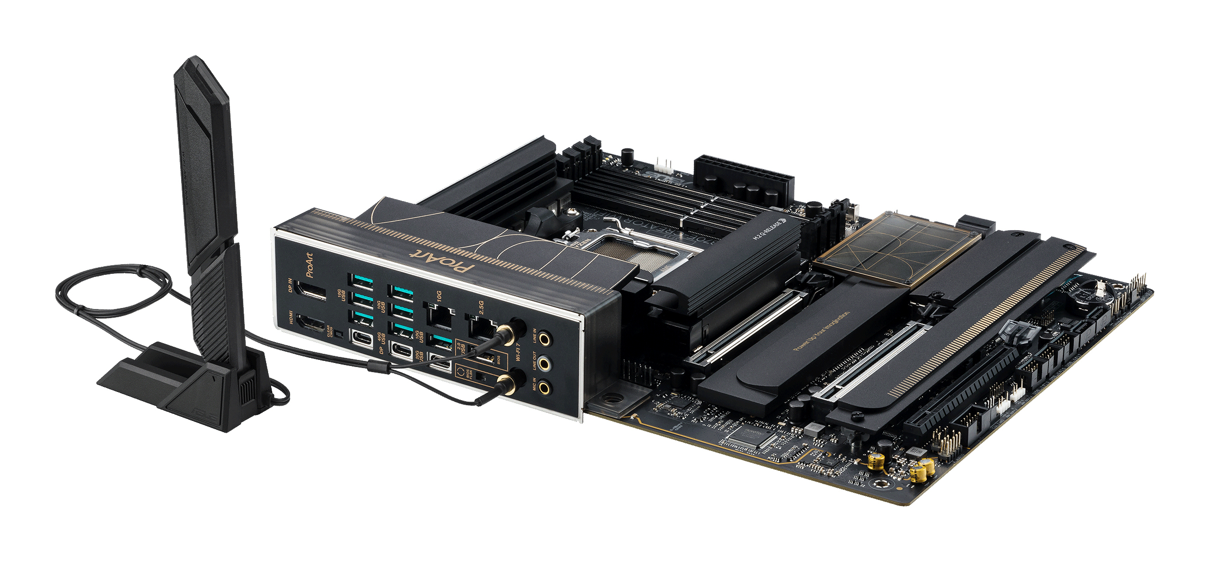 ATX-Mainboard, WLAN-Antenne, M.2-Kühlkörper, schwarze Platine, USB-Anschlüsse