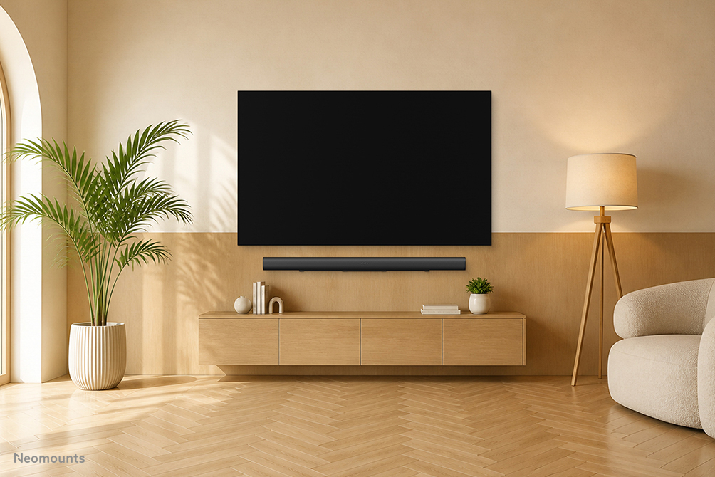 Fernseher, Wandhalterung, Lowboard, Bodenlampe, Pflanze