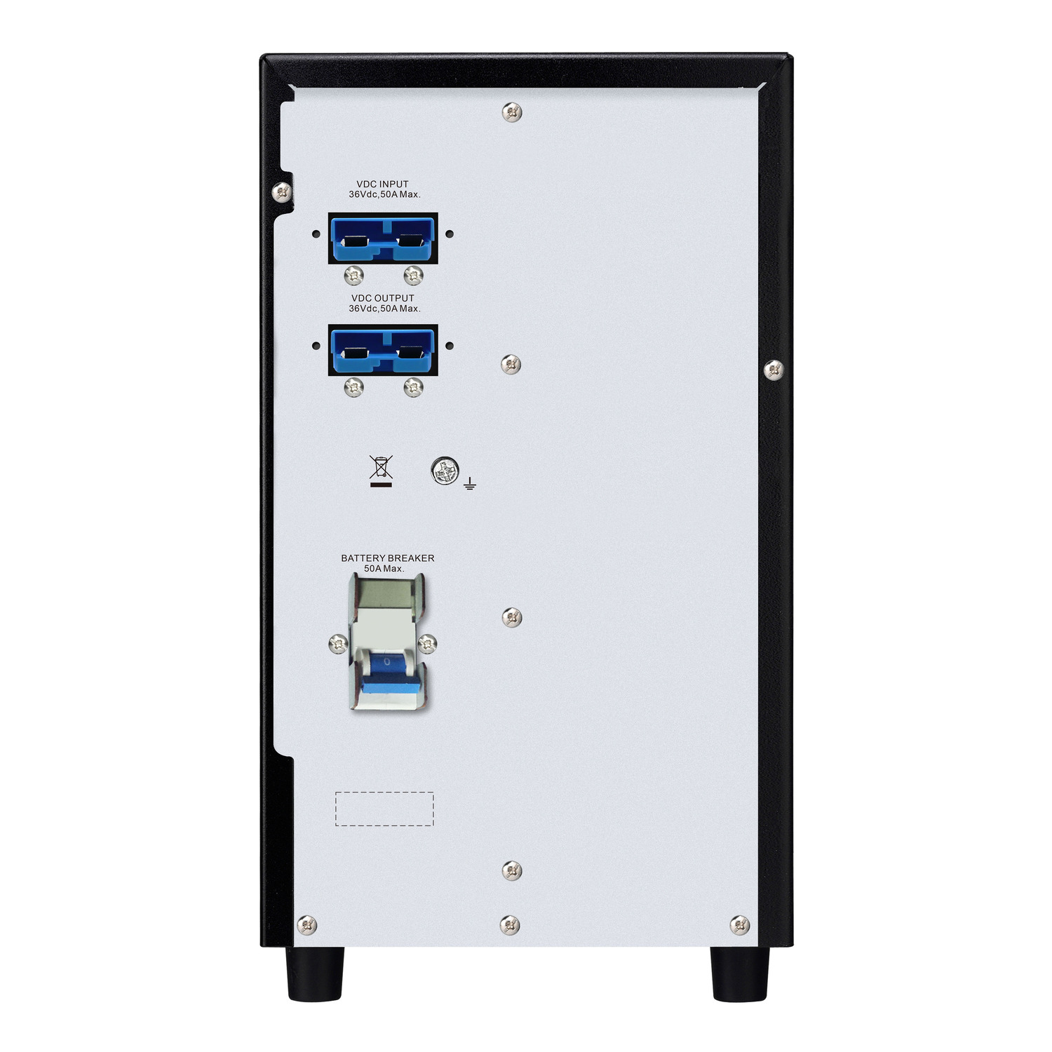 VDC Eingang, VDC Ausgang, Stromversorgung, Batterie-Sicherung, Rückseite