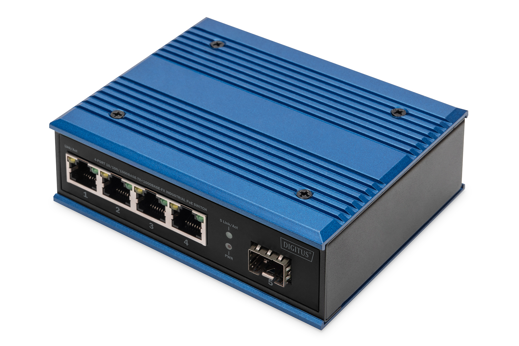 industrieller Switch, PoE-Switch, Ethernet-Switch, Metallgehäuse, blauer Chassis
