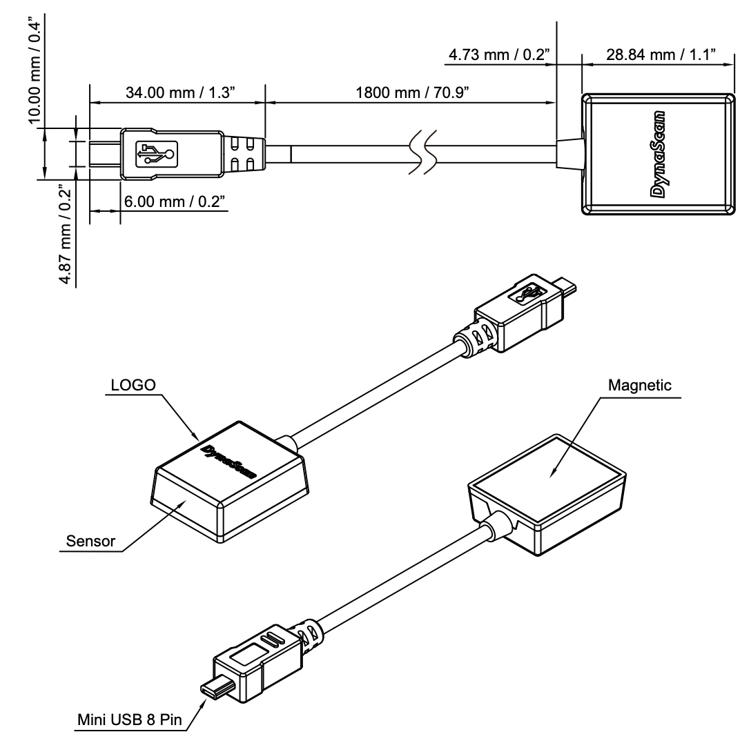 USB-C zu USB-A Adapter, Magnetischer Sensor, Mini USB 8-pol., Logo-Beschriftung, Kabelbaugruppe