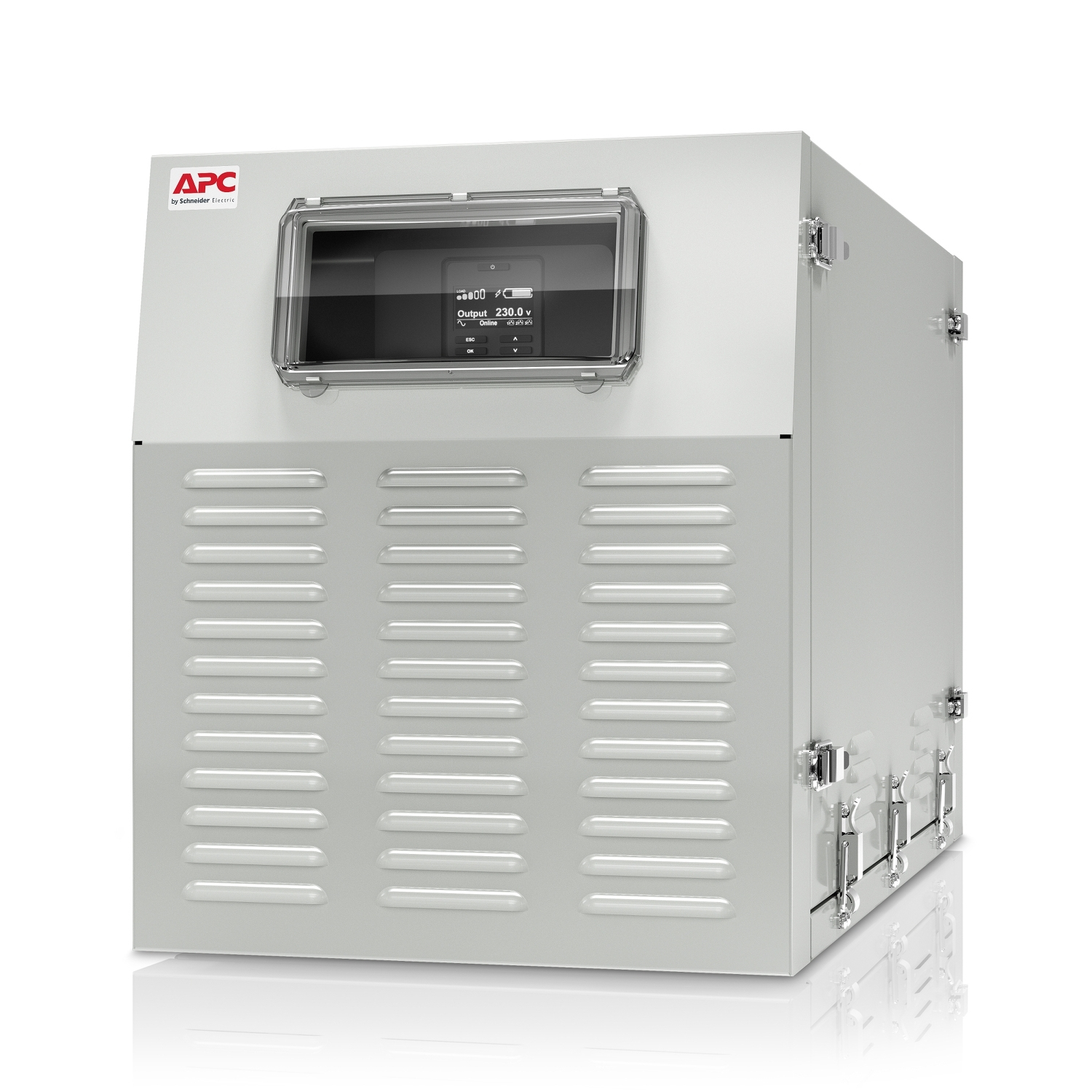 industrieller Schrank, elektronische Gehäuse, belüftete Box, graues Metall, Panelfenster