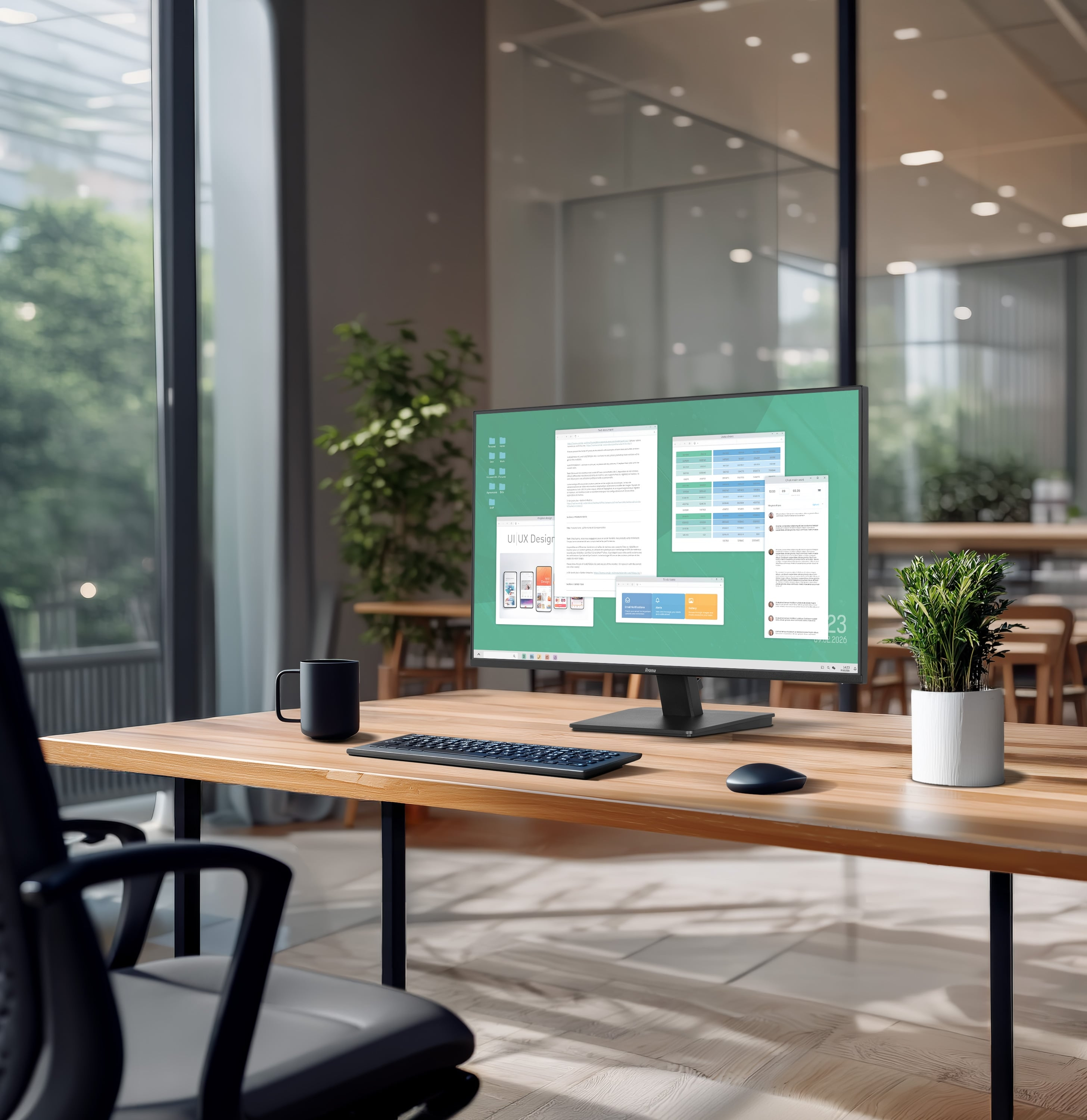 computer, monitor, desk, office, plant