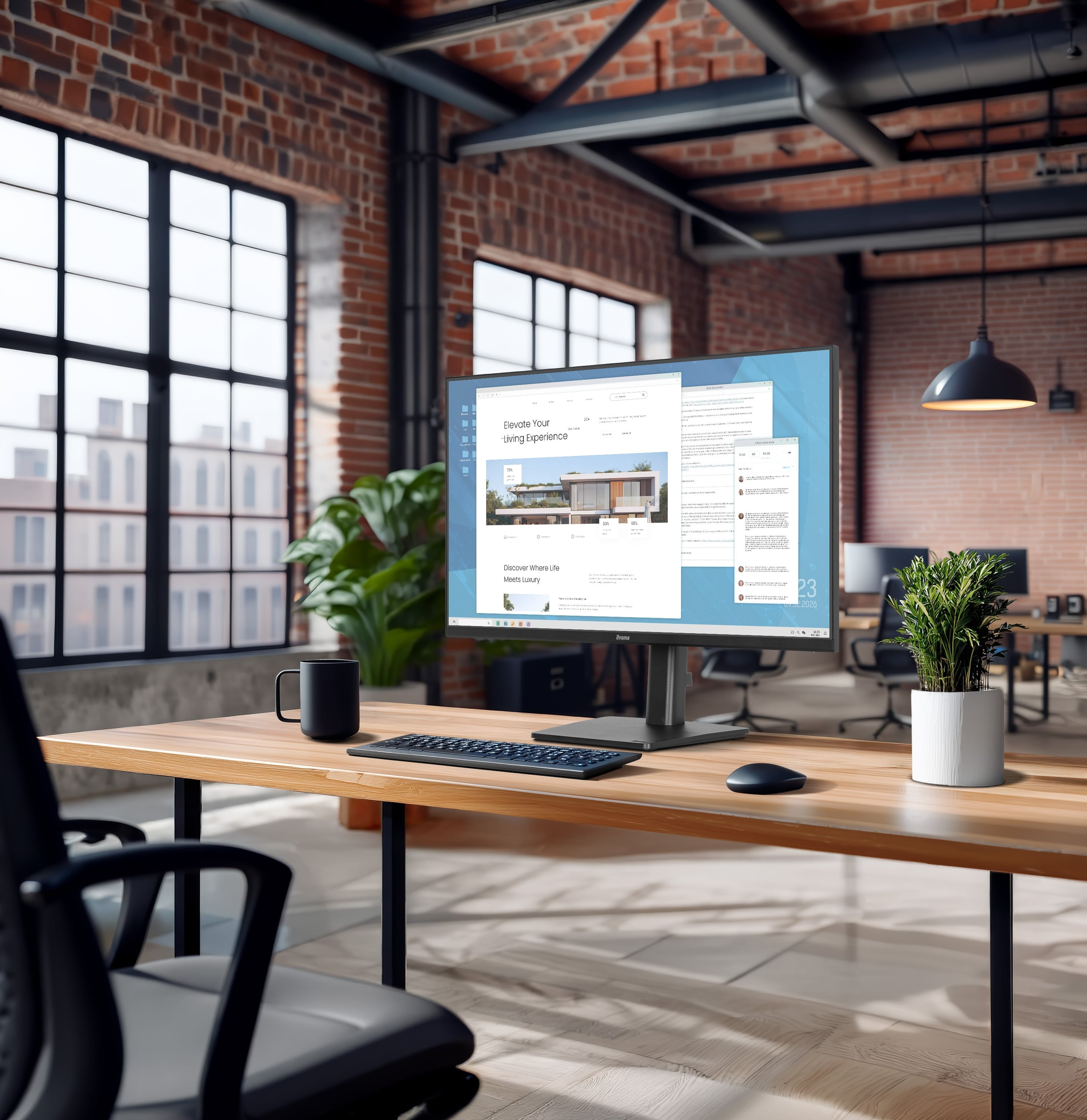 desktop monitor, computer monitor, office setup, keyboard, potted plant