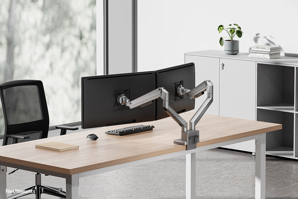 desk, office, dual monitor, monitor arm, workspace