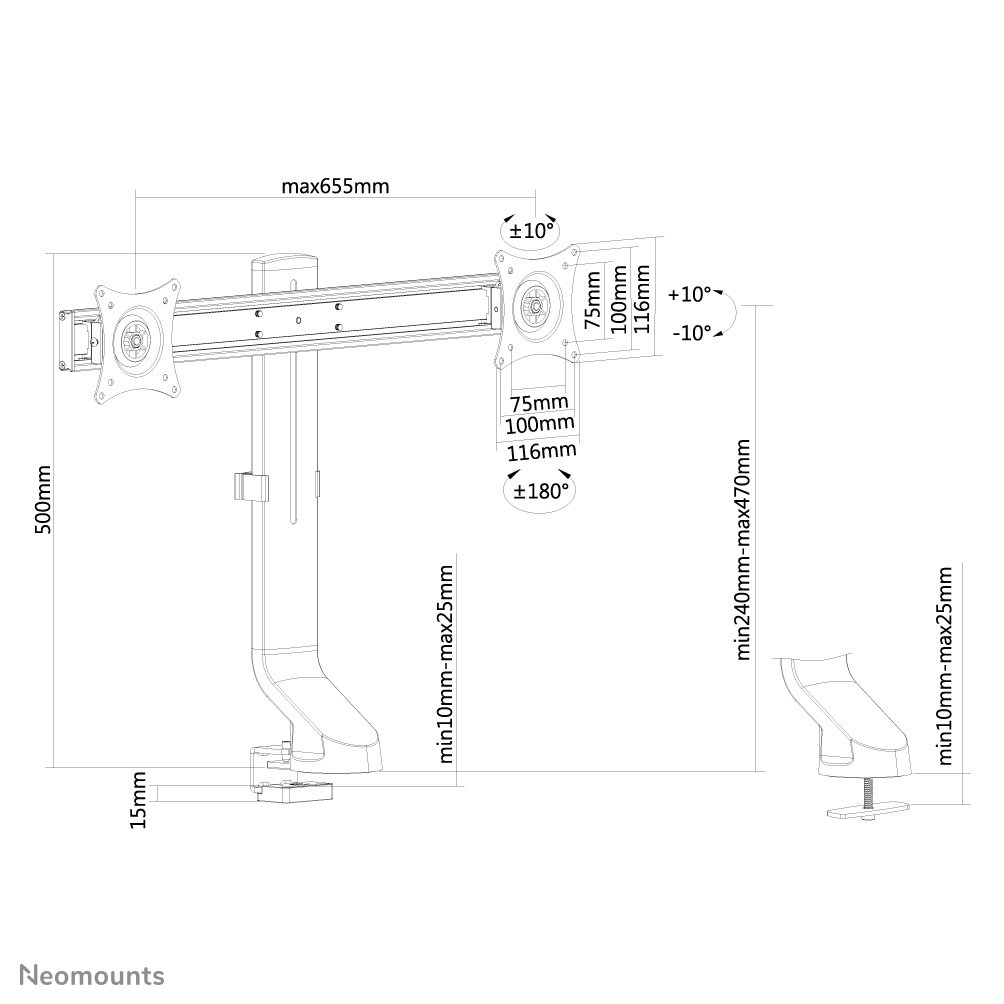Neomounts Monitor-Tischhalterung - Klemme /Bolzen - 7 kg - 25,4 cm (10 Zoll) - 68,6 cm (27 Zoll) - 100 x 100 mm - Schwarz