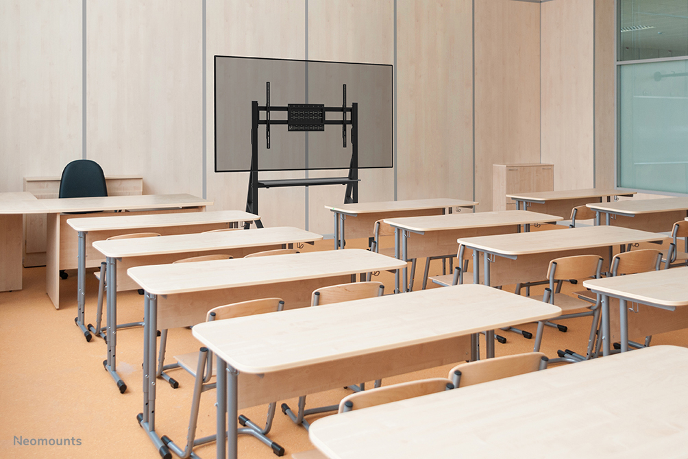 classroom, desks, chairs, presentation, board
