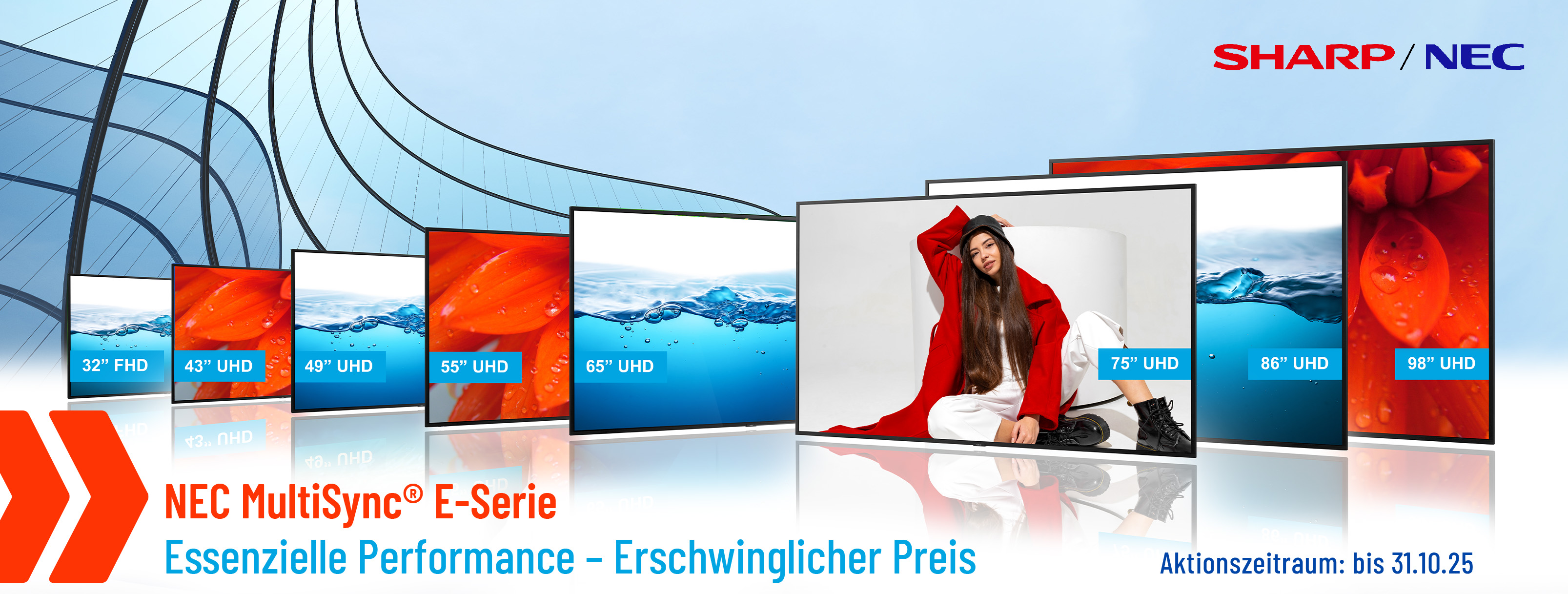 SharpNEC E-Serie Promo_Header Werbung, Plakat, Erwachsener, Person, Frau