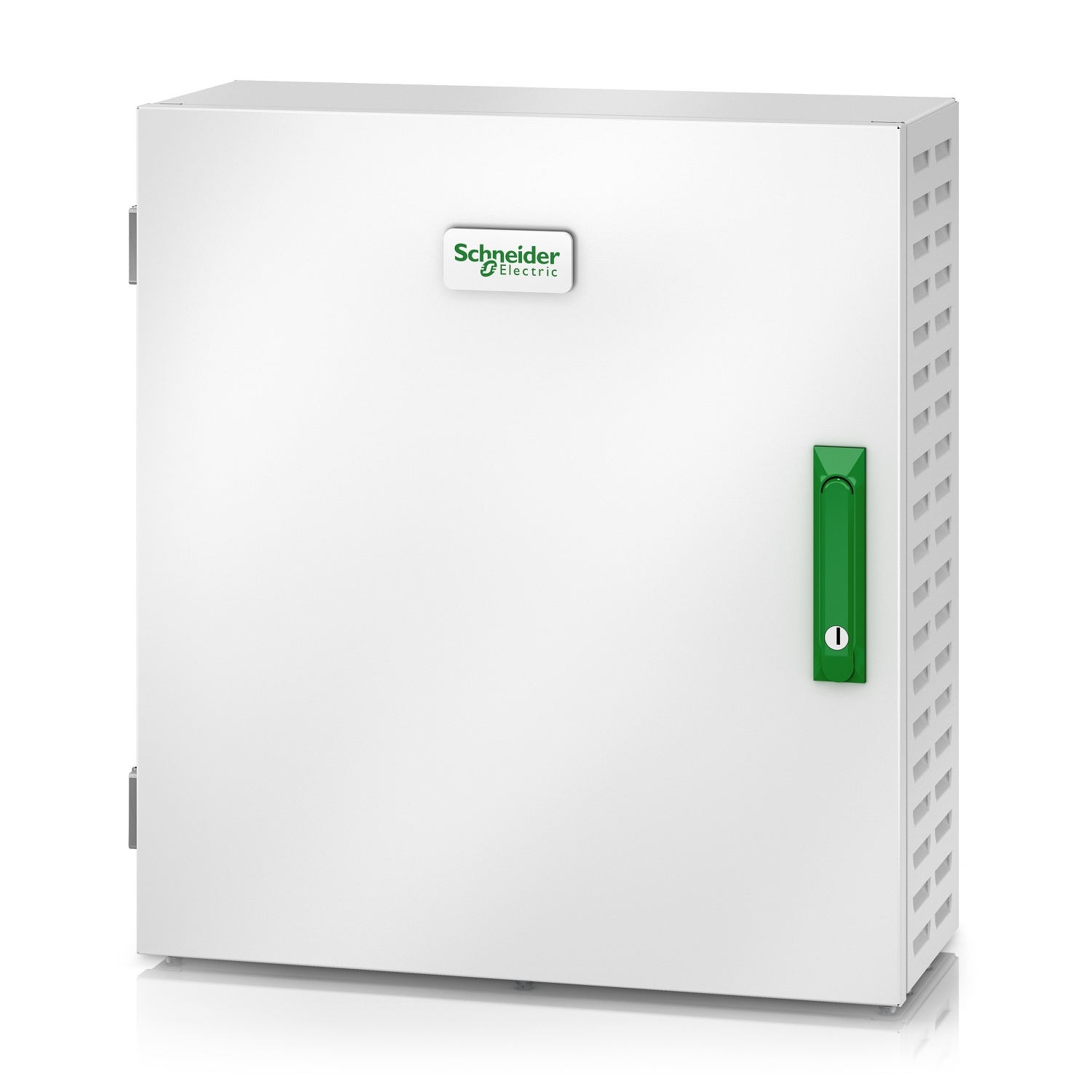 elektrischer schrank, schaltschrank, metallgehäuse, grüne griffschnalle, markenlogo schneider electric