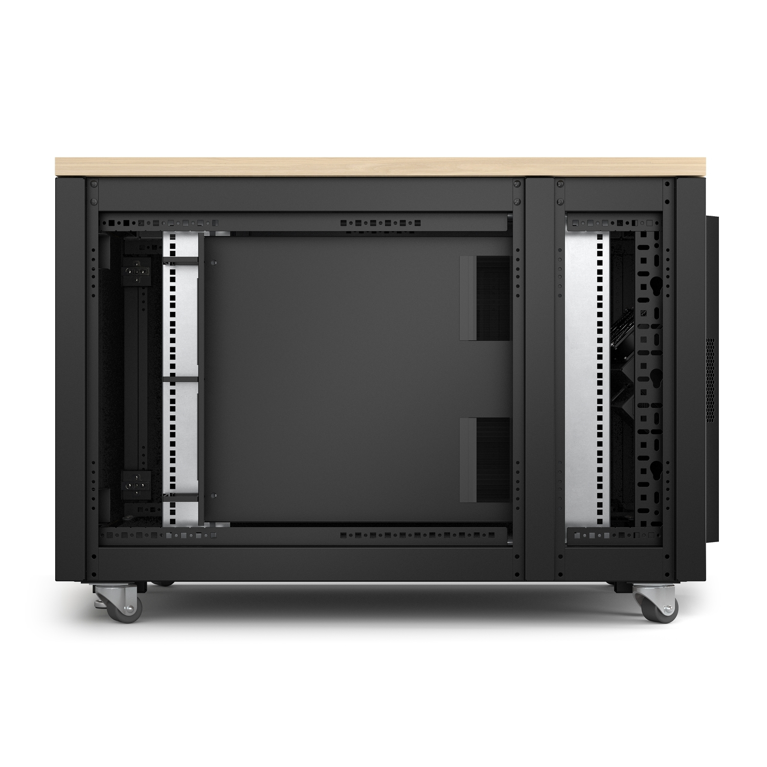 server rack, cabinet, metal frame, casters, wood top