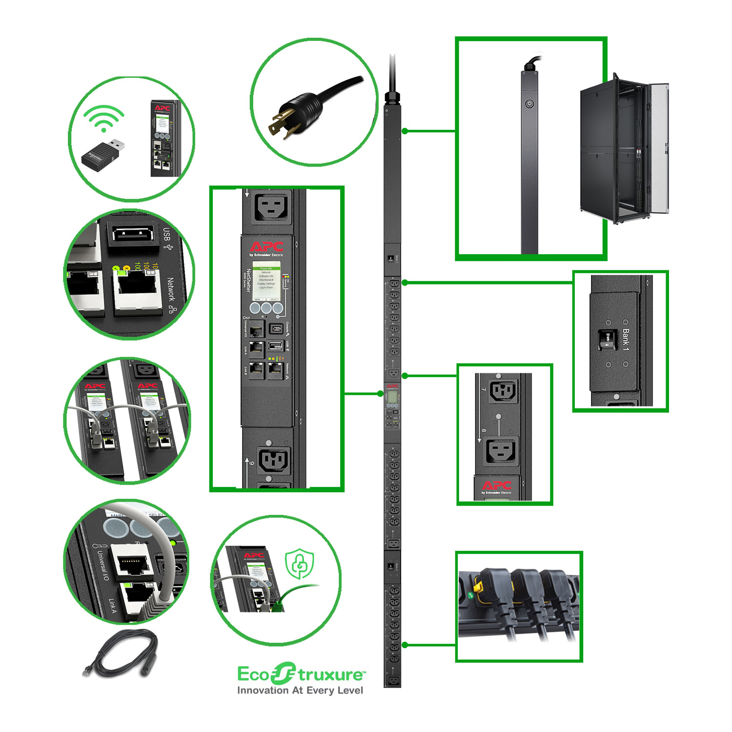 Unterstützungs-Serverrack, USV-Quadrar, APC-Schaltnetzteil, Netzwerk-Ports, Kabelanschluss
